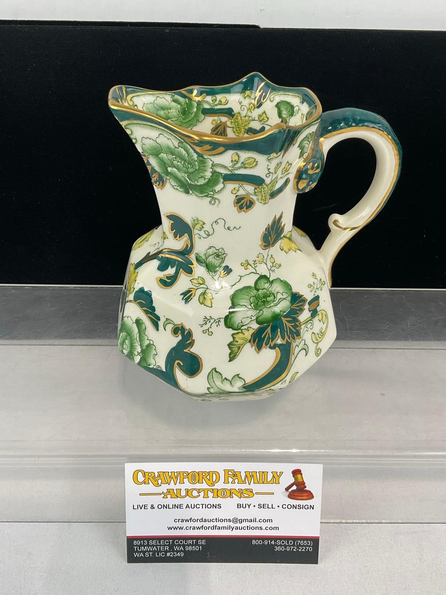 Masons Chartreuse England Ironstone Small Pitcher/Creamer, Gilt Details, Lettuce Pattern w/Teal: See pics for condition. Measures approx 7h x 7w x 5d inches. E-6620