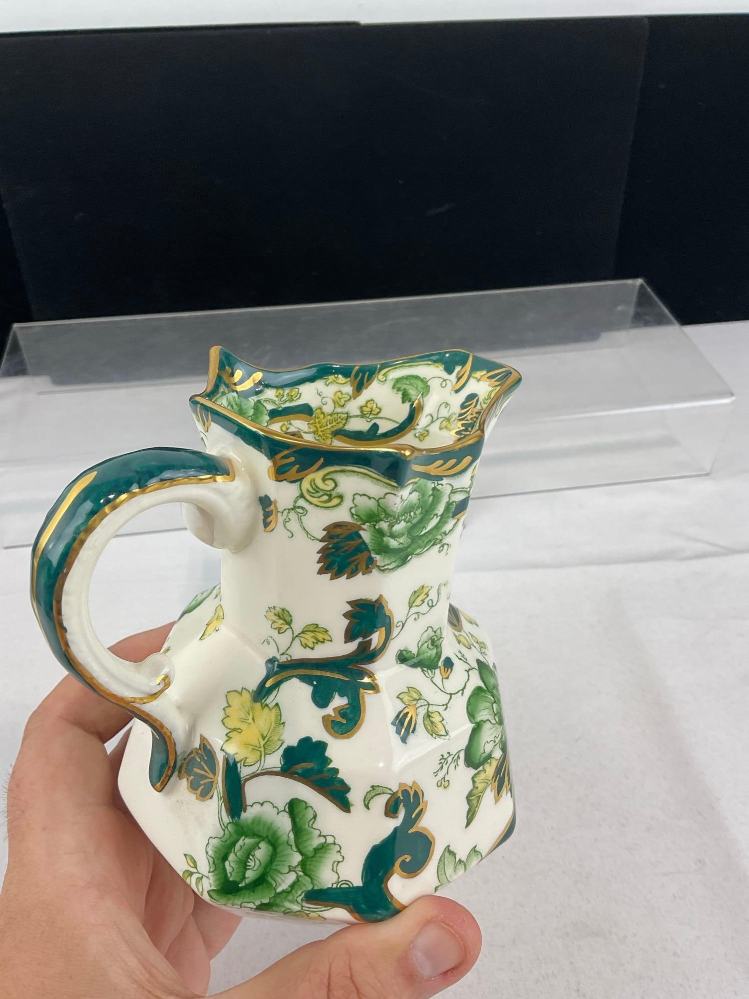 Masons Chartreuse England Ironstone Small Pitcher/Creamer, Gilt Details, Lettuce Pattern w/Teal - 3