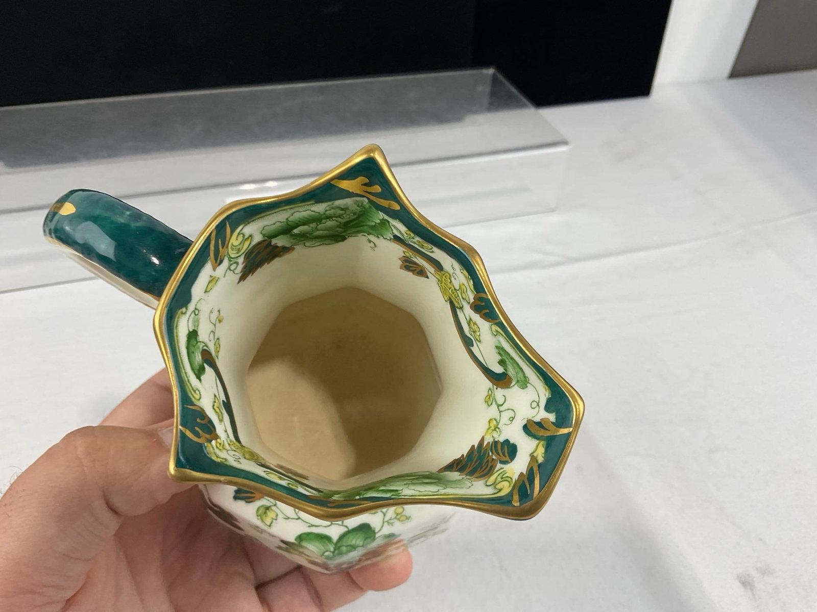 Masons Chartreuse England Ironstone Small Pitcher/Creamer, Gilt Details, Lettuce Pattern w/Teal - 4
