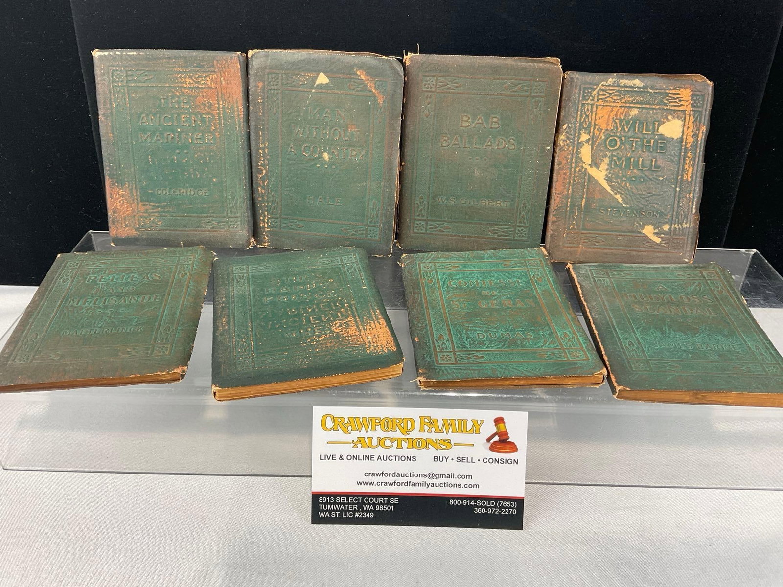 Collection of 8 Little Leather Books, incl. Will O The Mill, A Tillyloss Scandal, & more: The Ancient Mariner, Man Without A Country, Bab Ballads, Will O The Mill, Pelleas & Melisande, The Happy Prince, Comtesse de St Geran, & A Tillyloss Scandal. See pics for condition. Measu