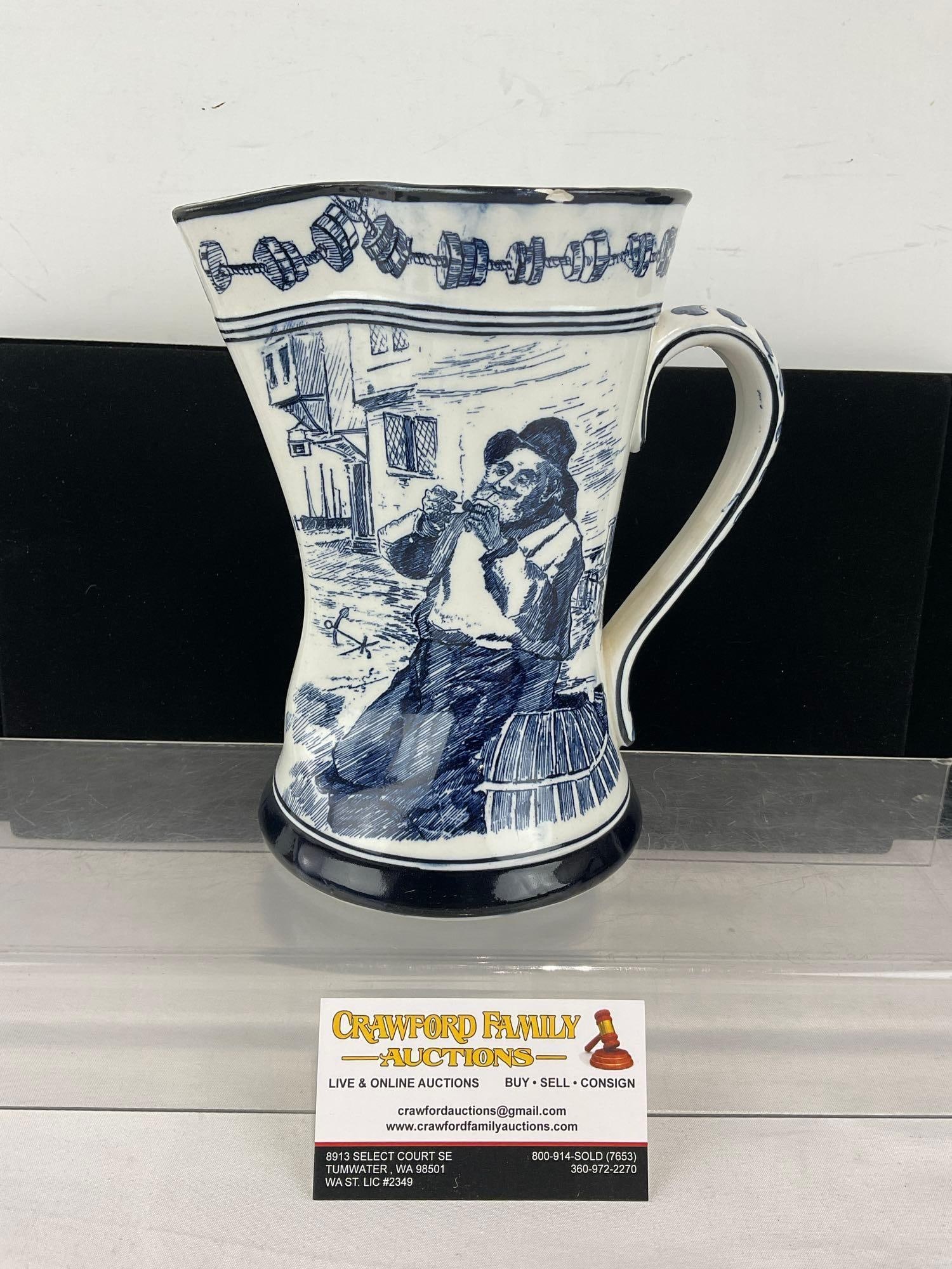 Ceramic Pitcher Royal Doulton Flow Blue Old Salt Pattern #D1979, 9x8x6 inch: One imperfection on the rim. See pics for condition. Measures approx 9h x 8w x 6d inches. E-6620