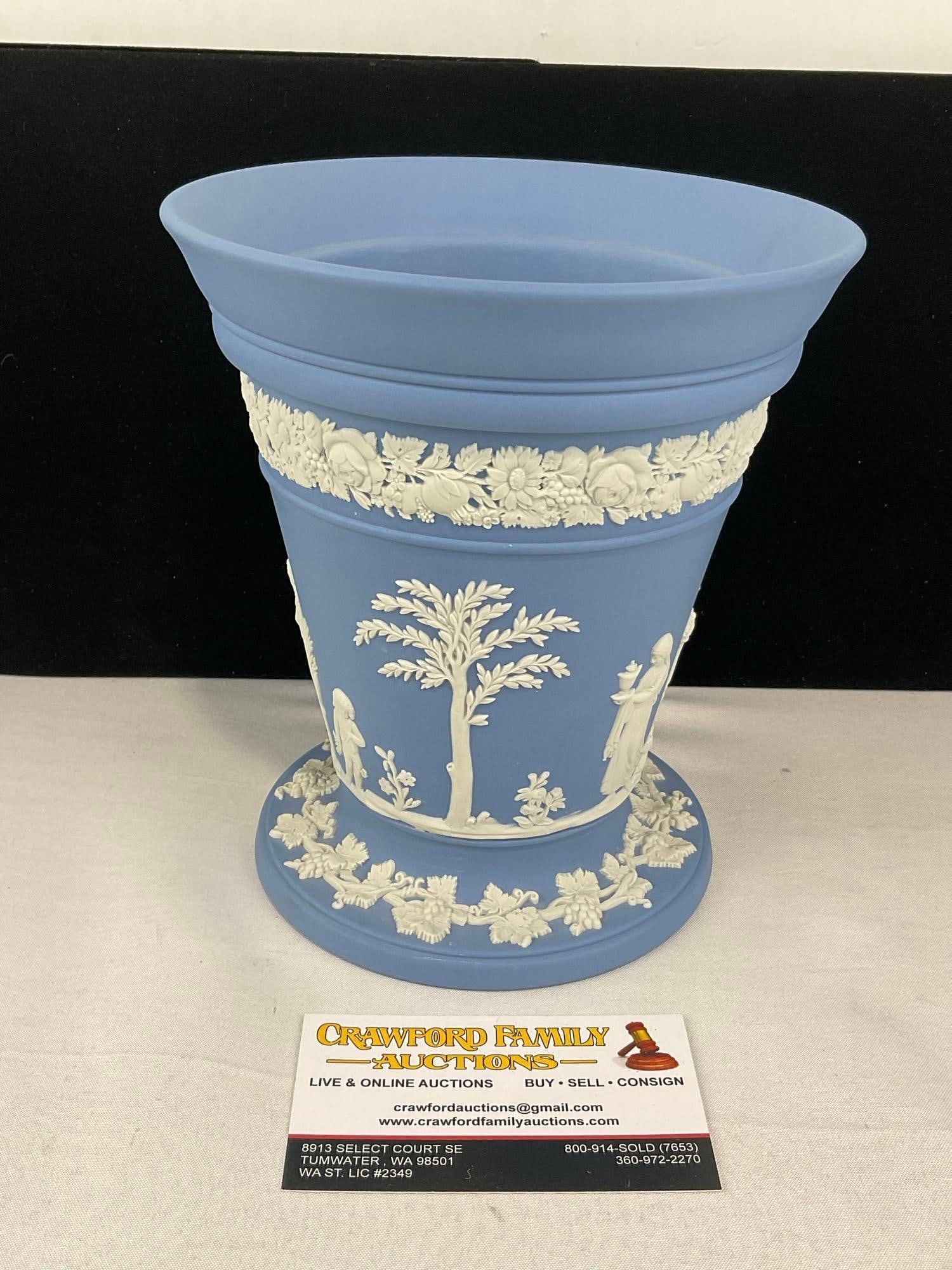 Vintage Wedgwood Jasperware Footed Trumpet Vase, White Overlay on Pale Blue, 8x7x7 inches: See pics for condition. Measures approx 8h x 7w x 7d inches. E-6620