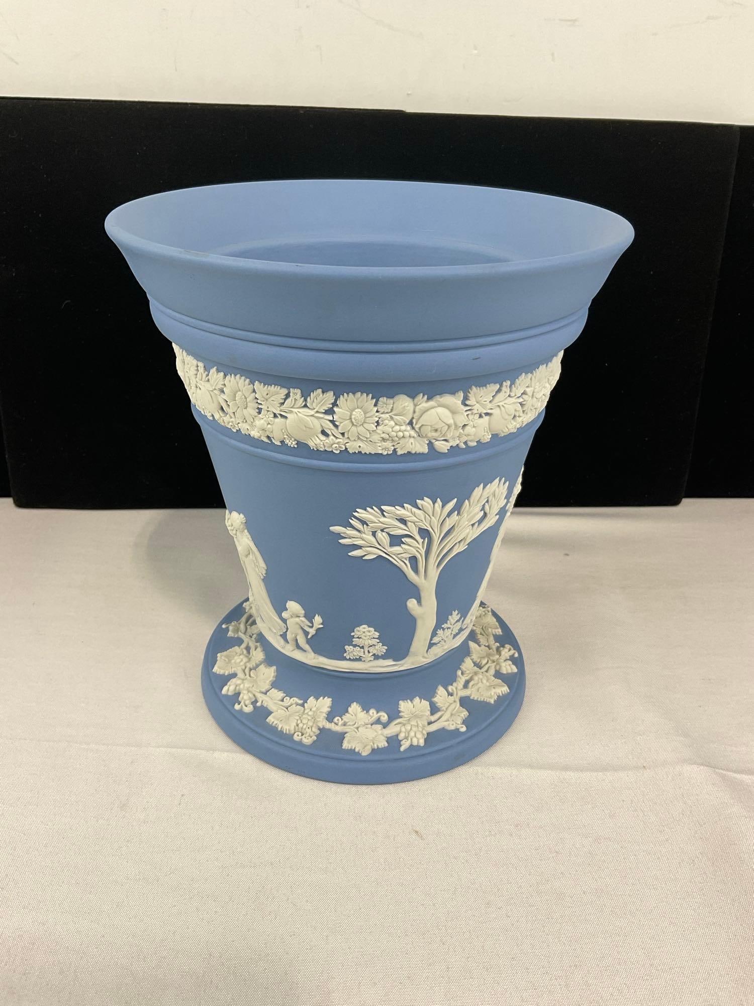 Vintage Wedgwood Jasperware Footed Trumpet Vase, White Overlay on Pale Blue, 8x7x7 inches - 3