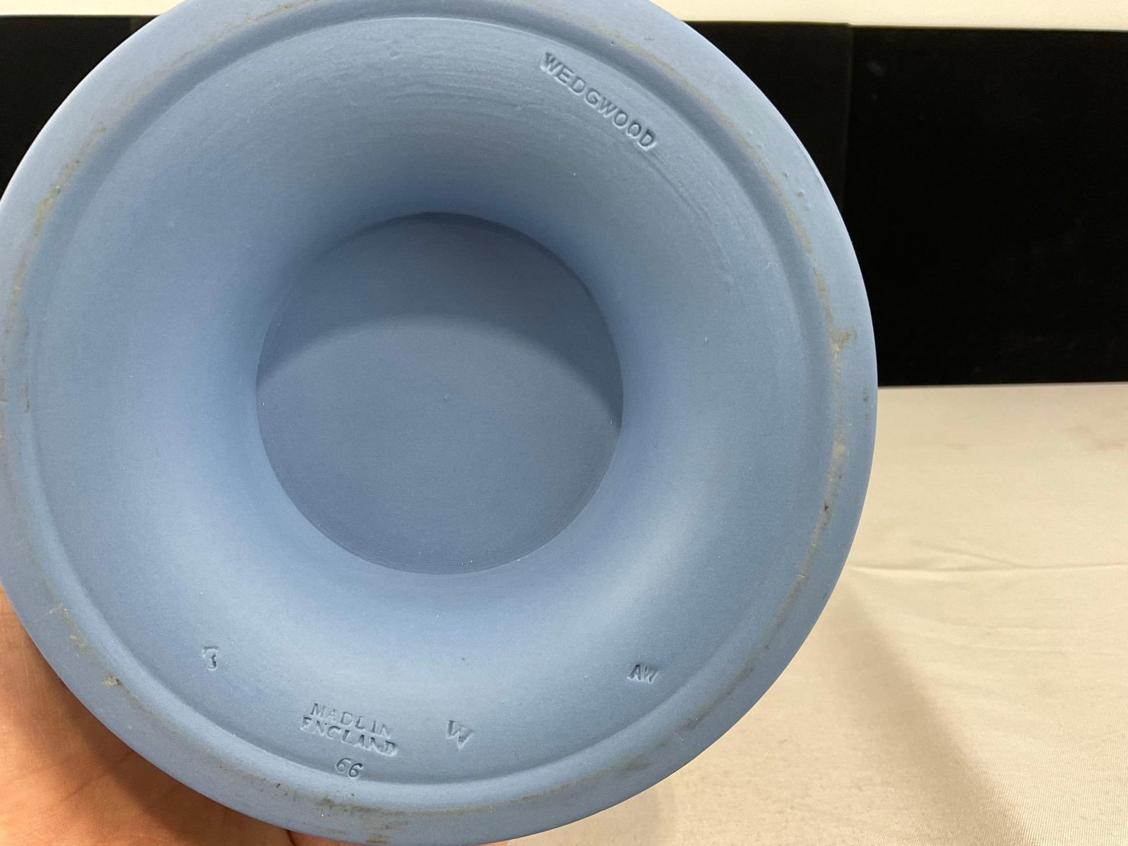 Vintage Wedgwood Jasperware Footed Trumpet Vase, White Overlay on Pale Blue, 8x7x7 inches - 5