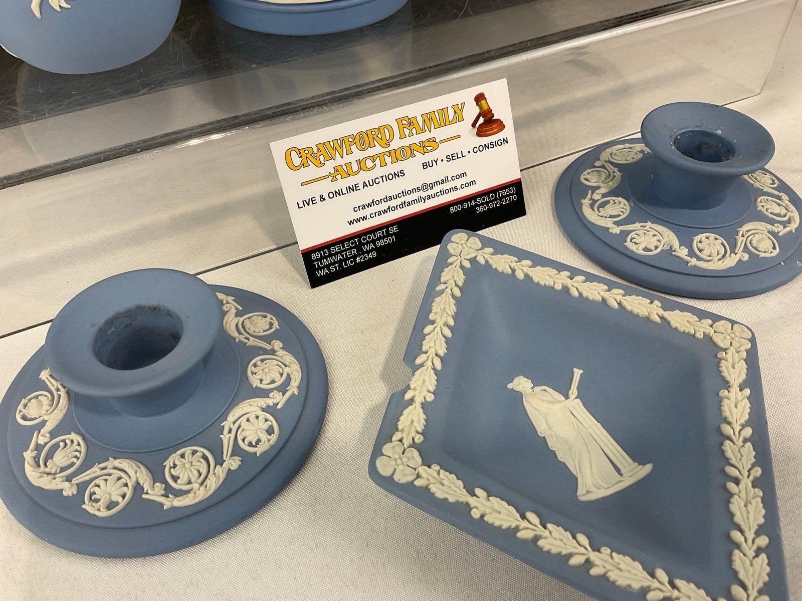 Wedgwood Jasperware, 2x Candleholders, Diamond Plate, Round Plate, Small Pitcher & Amphora Vase - 3