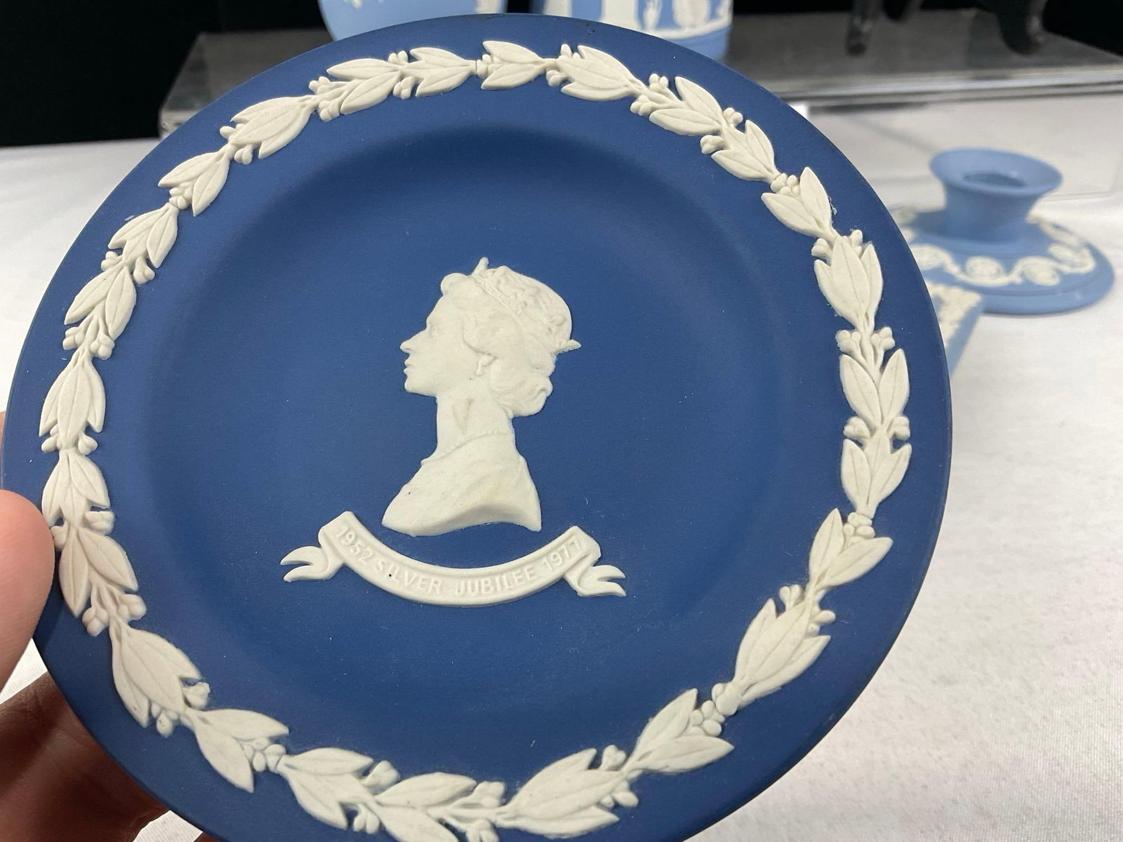 Wedgwood Jasperware, 2x Candleholders, Diamond Plate, Round Plate, Small Pitcher & Amphora Vase - 5