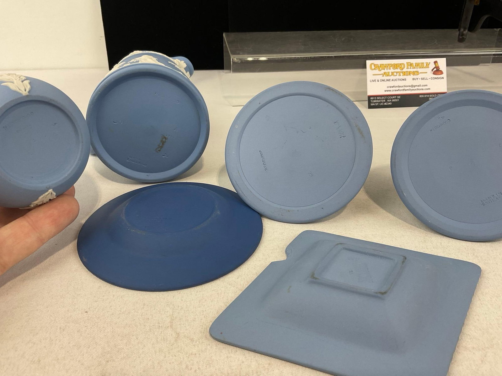 Wedgwood Jasperware, 2x Candleholders, Diamond Plate, Round Plate, Small Pitcher & Amphora Vase - 6
