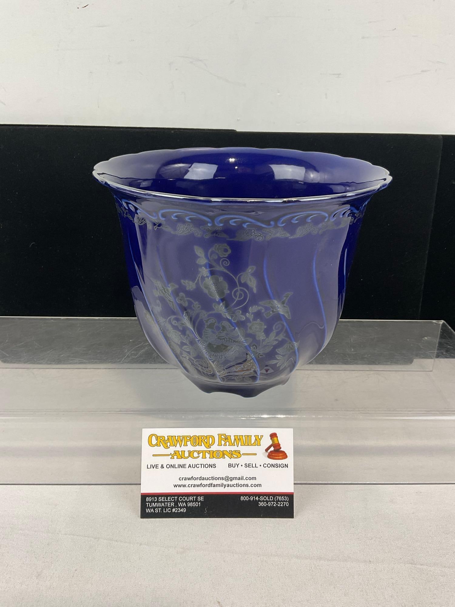 Vintage Capeans Spanish Deep Cobalt Porcelain Vase w/Silver Overlay Bird & Flower Design, 6x8x8 in: See pics for condition. Measures approx 6h x 8w x 8d inches. E-6620