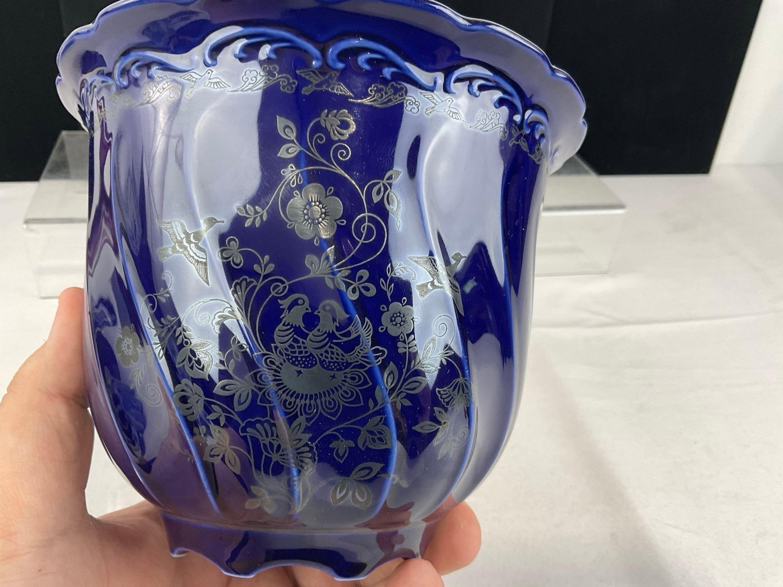 Vintage Capeans Spanish Deep Cobalt Porcelain Vase w/Silver Overlay Bird & Flower Design, 6x8x8 in - 2