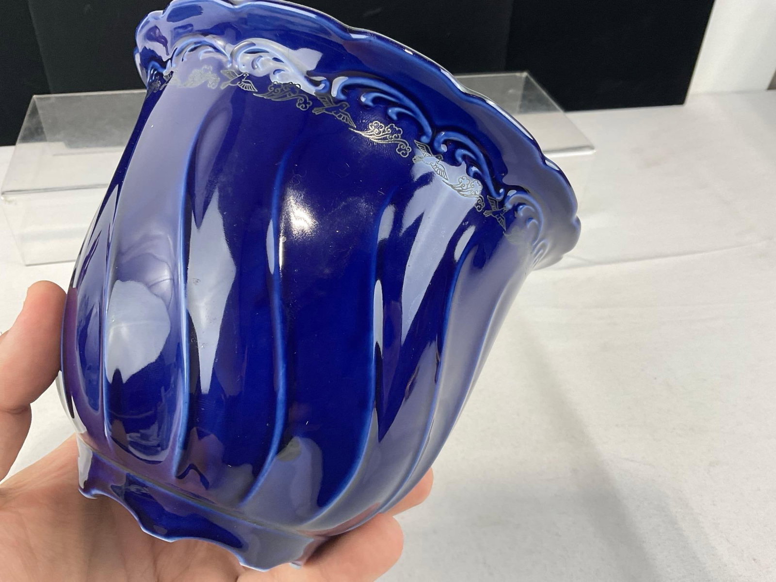 Vintage Capeans Spanish Deep Cobalt Porcelain Vase w/Silver Overlay Bird & Flower Design, 6x8x8 in - 4
