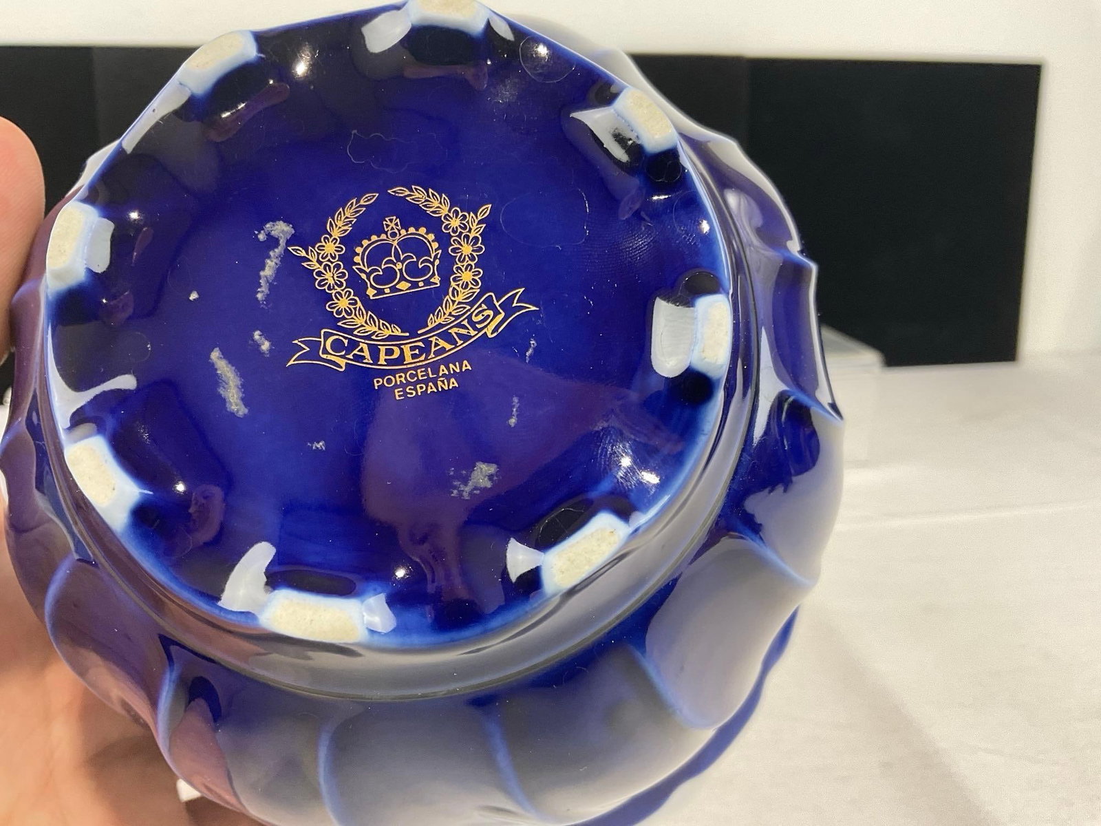 Vintage Capeans Spanish Deep Cobalt Porcelain Vase w/Silver Overlay Bird & Flower Design, 6x8x8 in - 5