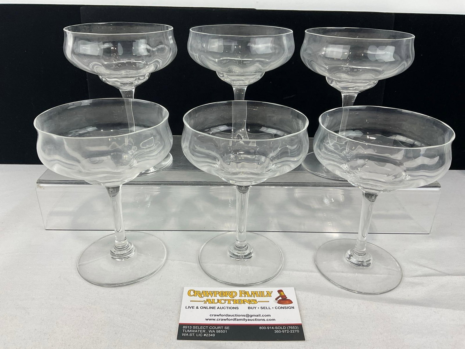 Set of 6 Baccarat Capri Optic Pattern Crystal Champagne Coupe Glasses, 5 inch tall: Similar to the next lot. Last few pictures show the original 1977 West German receipt for the purchase for this whole set, which is not included with this lot. See pics for condition. Measures approx 