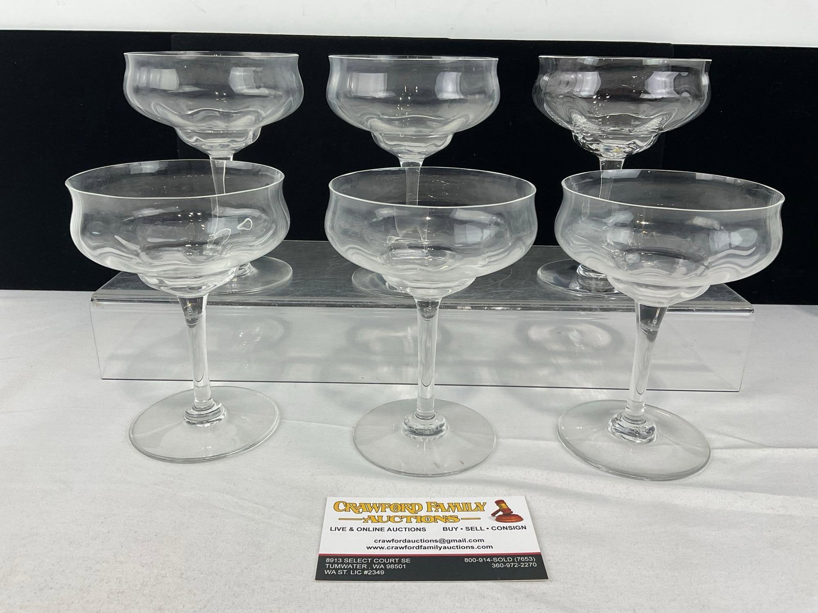 Set of 6 Baccarat Capri Optic Pattern Crystal Champagne Coupe Glasses, 5 inch tall: Similar to the last lot. Last few pictures show the original 1977 West German receipt for the purchase for this whole set, which is not included with this lot. See pics for condition. Measures approx