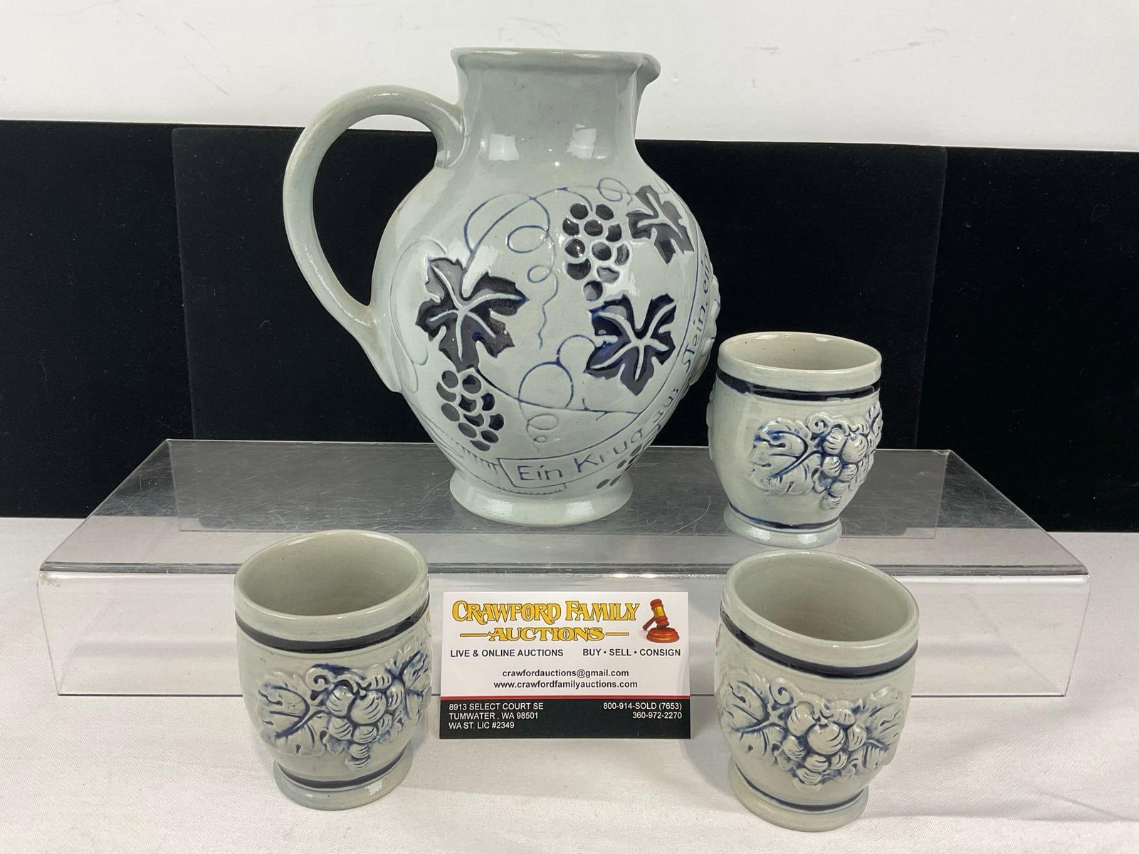 German Salt Glazed Stoneware w/Cobalt Wine Pitcher & 3 Cups: See pics for condition. Measures approx 10h x 8w x 6d inches. E-6620