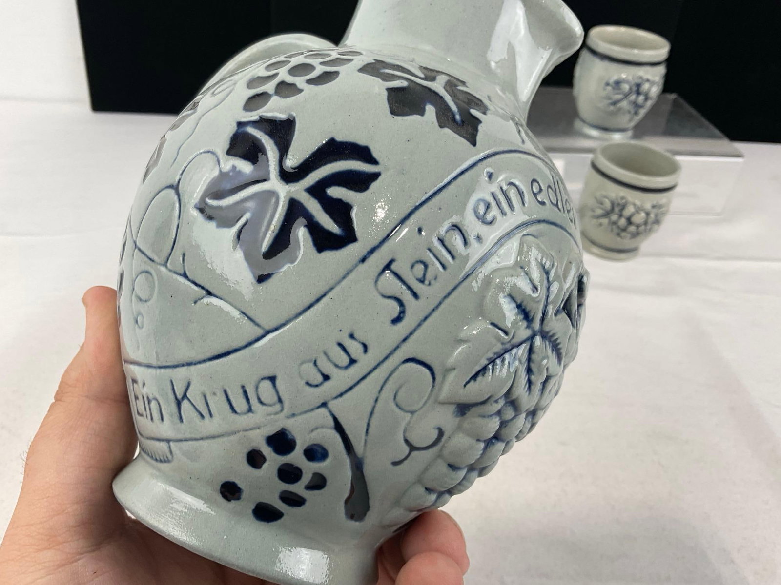 German Salt Glazed Stoneware w/Cobalt Wine Pitcher & 3 Cups - 2