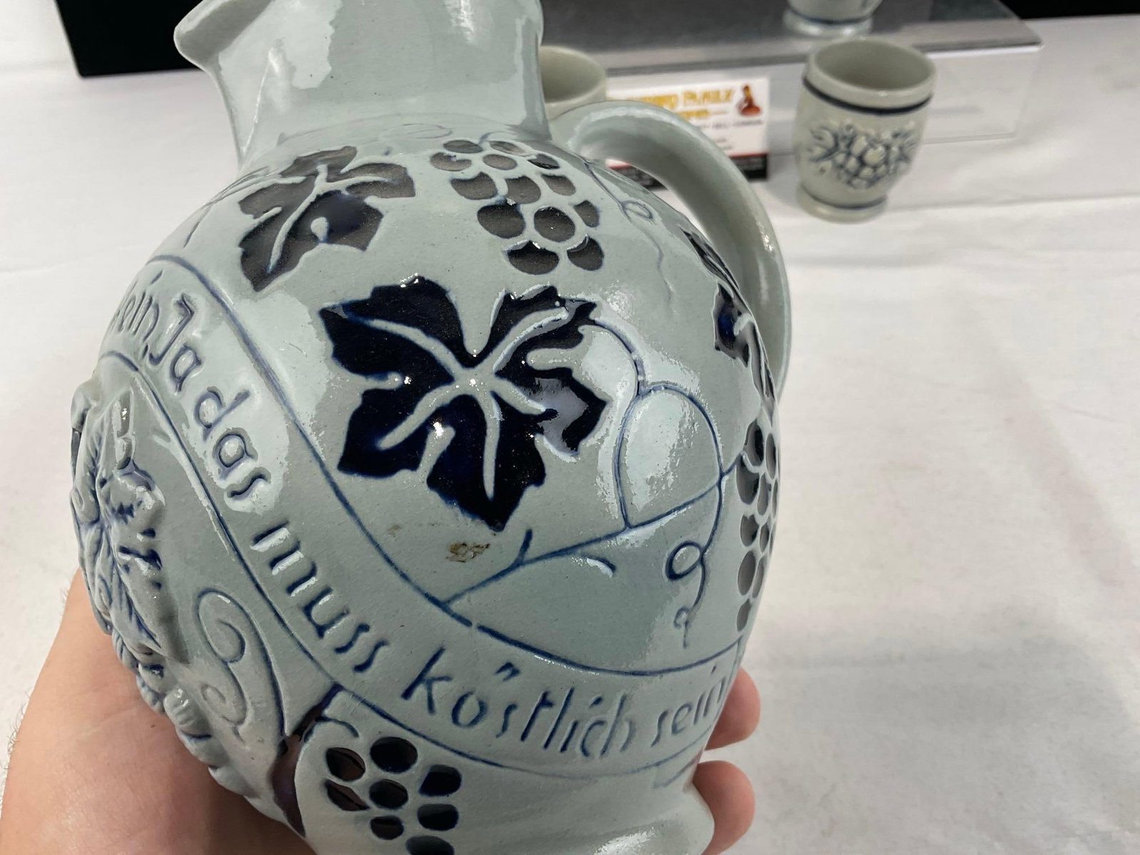 German Salt Glazed Stoneware w/Cobalt Wine Pitcher & 3 Cups - 3