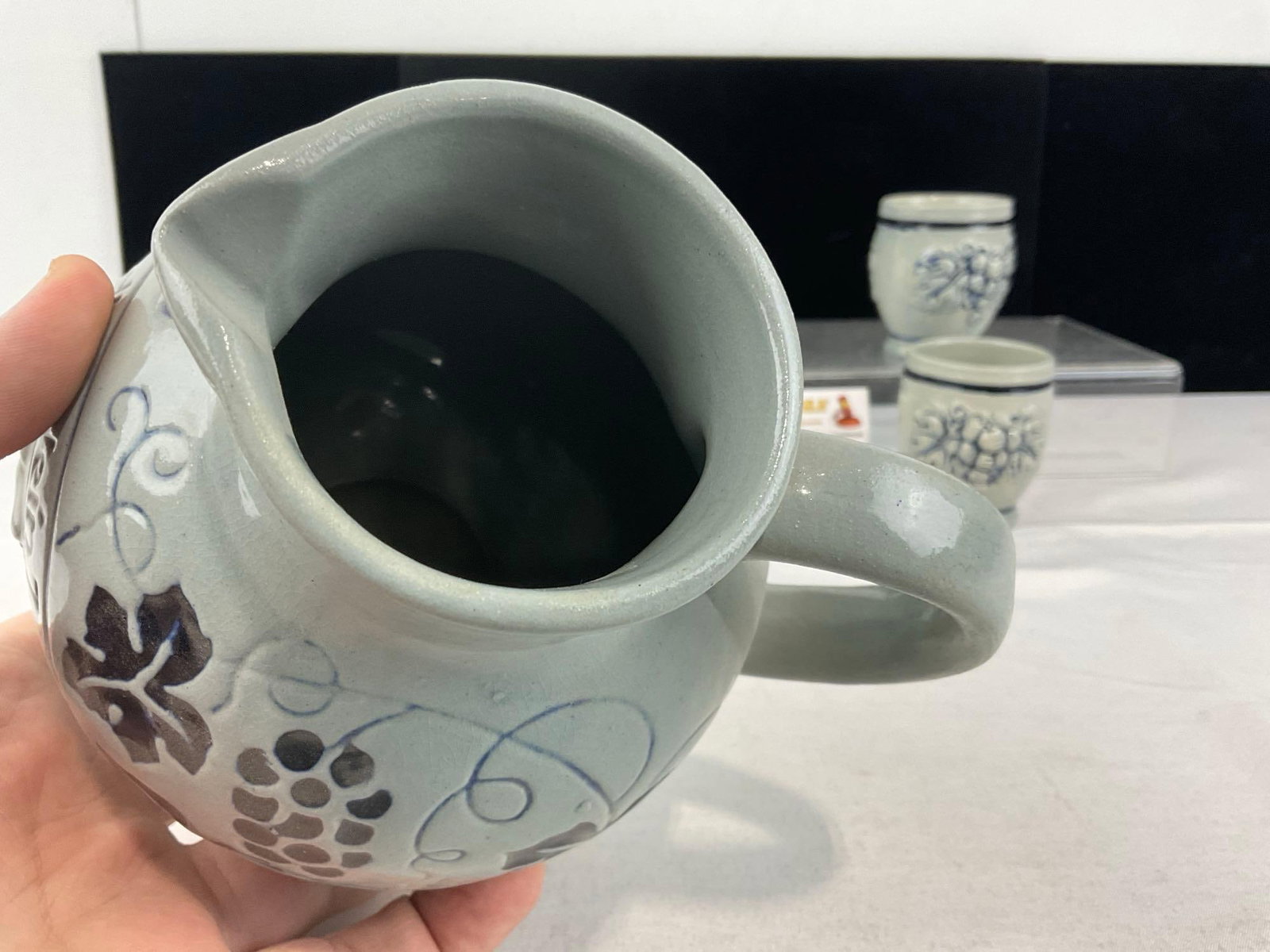 German Salt Glazed Stoneware w/Cobalt Wine Pitcher & 3 Cups - 4