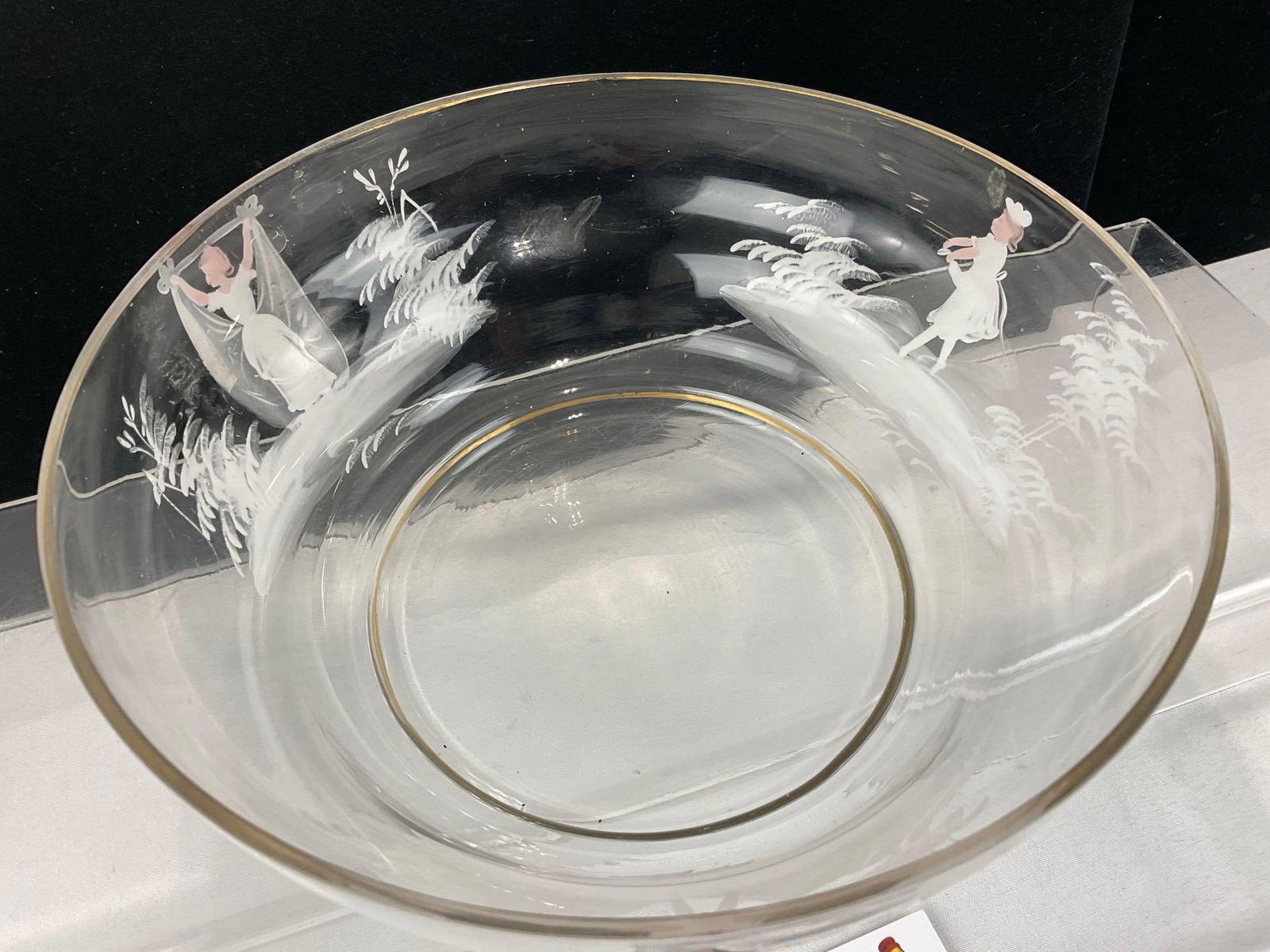 Antique Victorian Glass Bowl w/Handpainted Designs w/kids playing, Mary Gregory style, 4h x 9w x 9d - 2