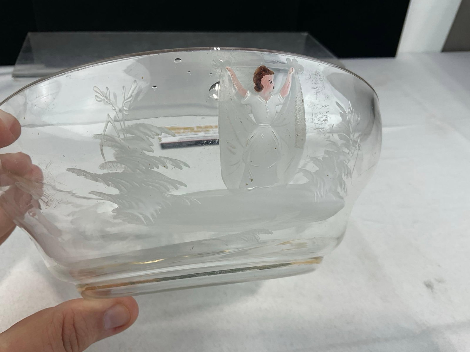Antique Victorian Glass Bowl w/Handpainted Designs w/kids playing, Mary Gregory style, 4h x 9w x 9d - 4