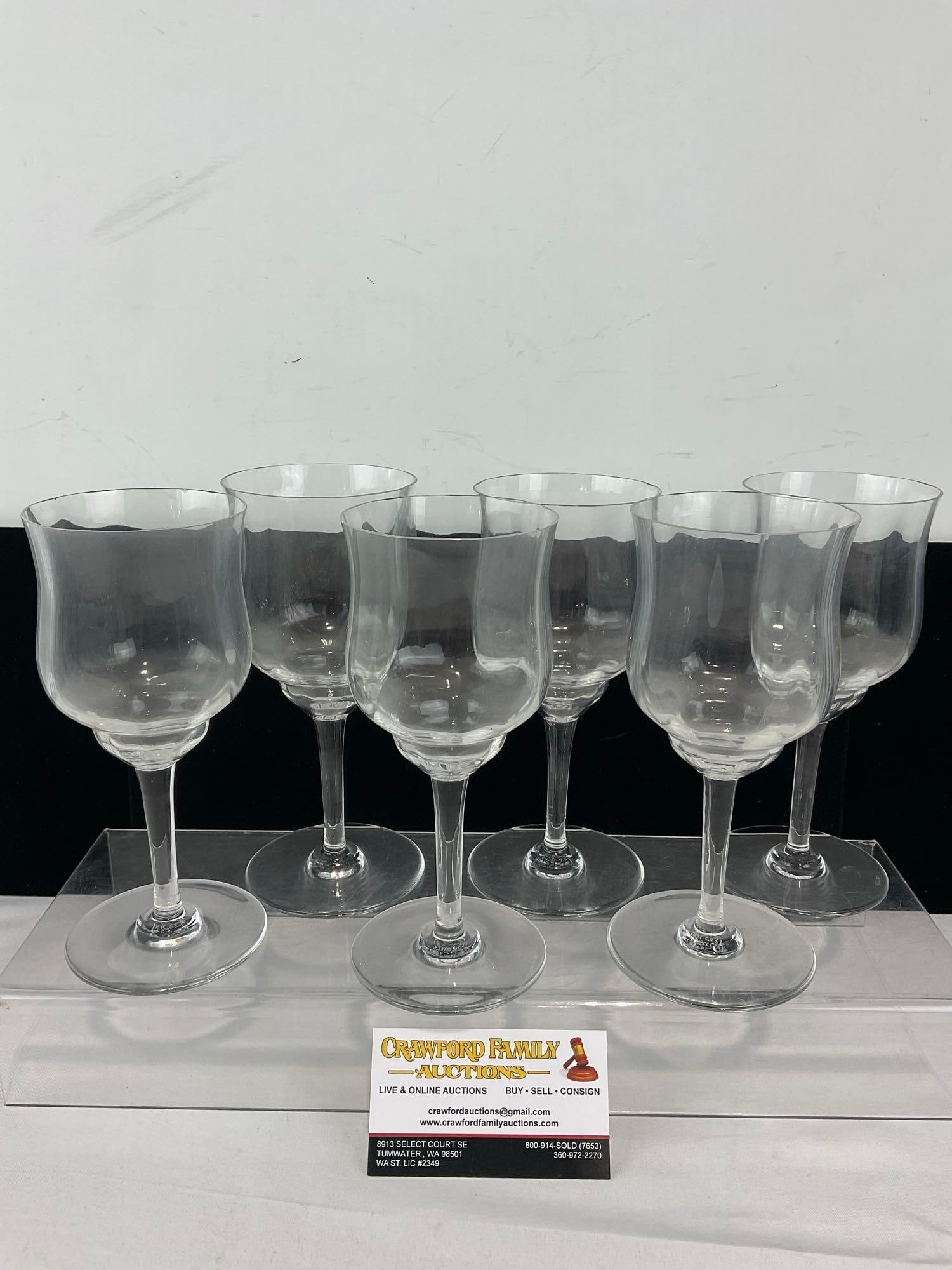 Set of 6 Baccarat Capri Optic Pattern Crystal Water/Large Wine Glasses, 7.5 inch tall: Last few pictures show the original 1977 West German receipt for the purchase for this whole set, which is not included with this lot. See pics for condition. Measures approx 9h x 11w x 9d inches.