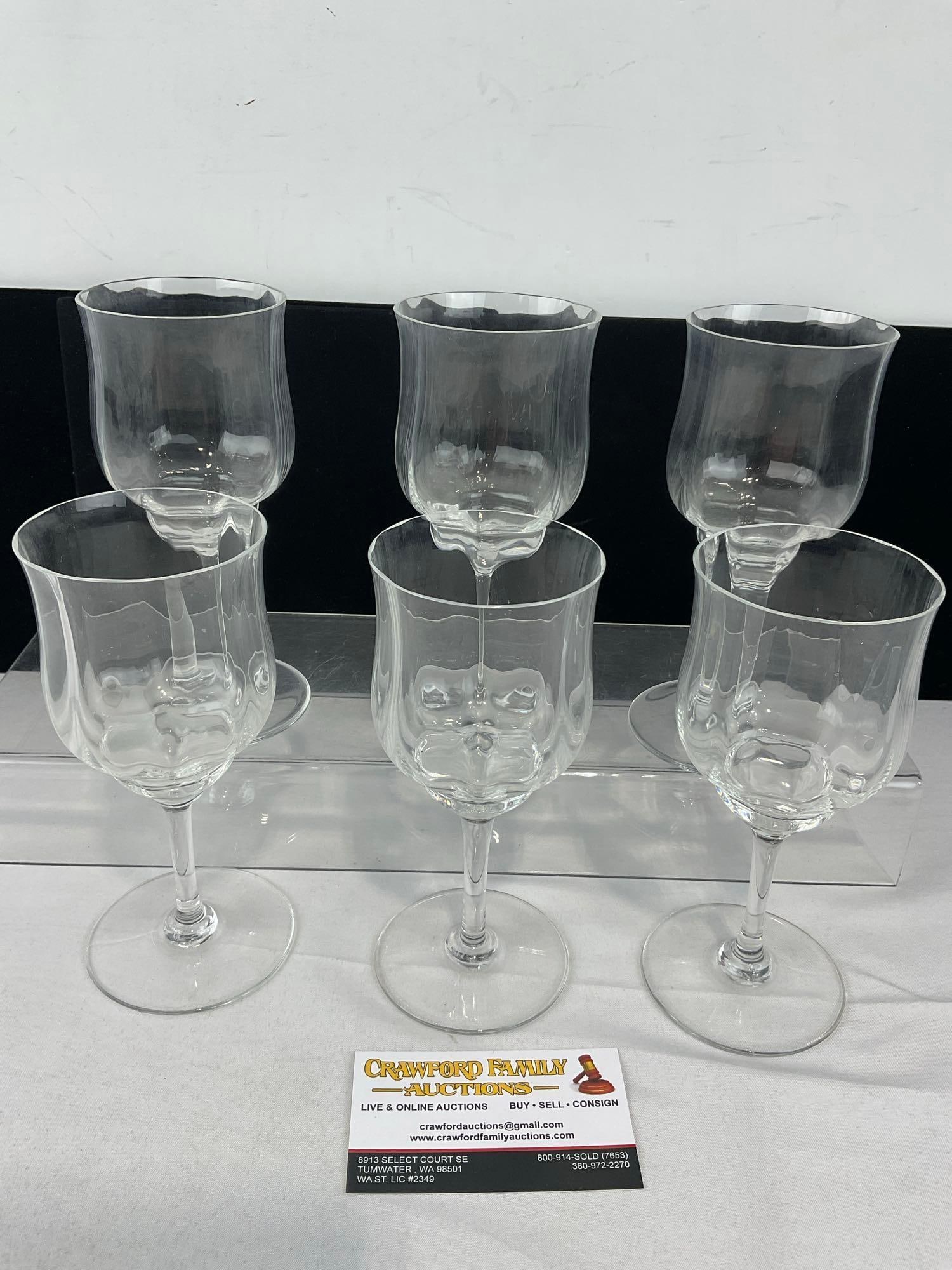 Set of 6 Baccarat Capri Optic Pattern Crystal Red Wine Glasses, 7 inch tall: Similar to the next lot. Last few pictures show the original 1977 West German receipt for the purchase for this whole set, which is not included with this lot. See pics for condition. Measures approx 