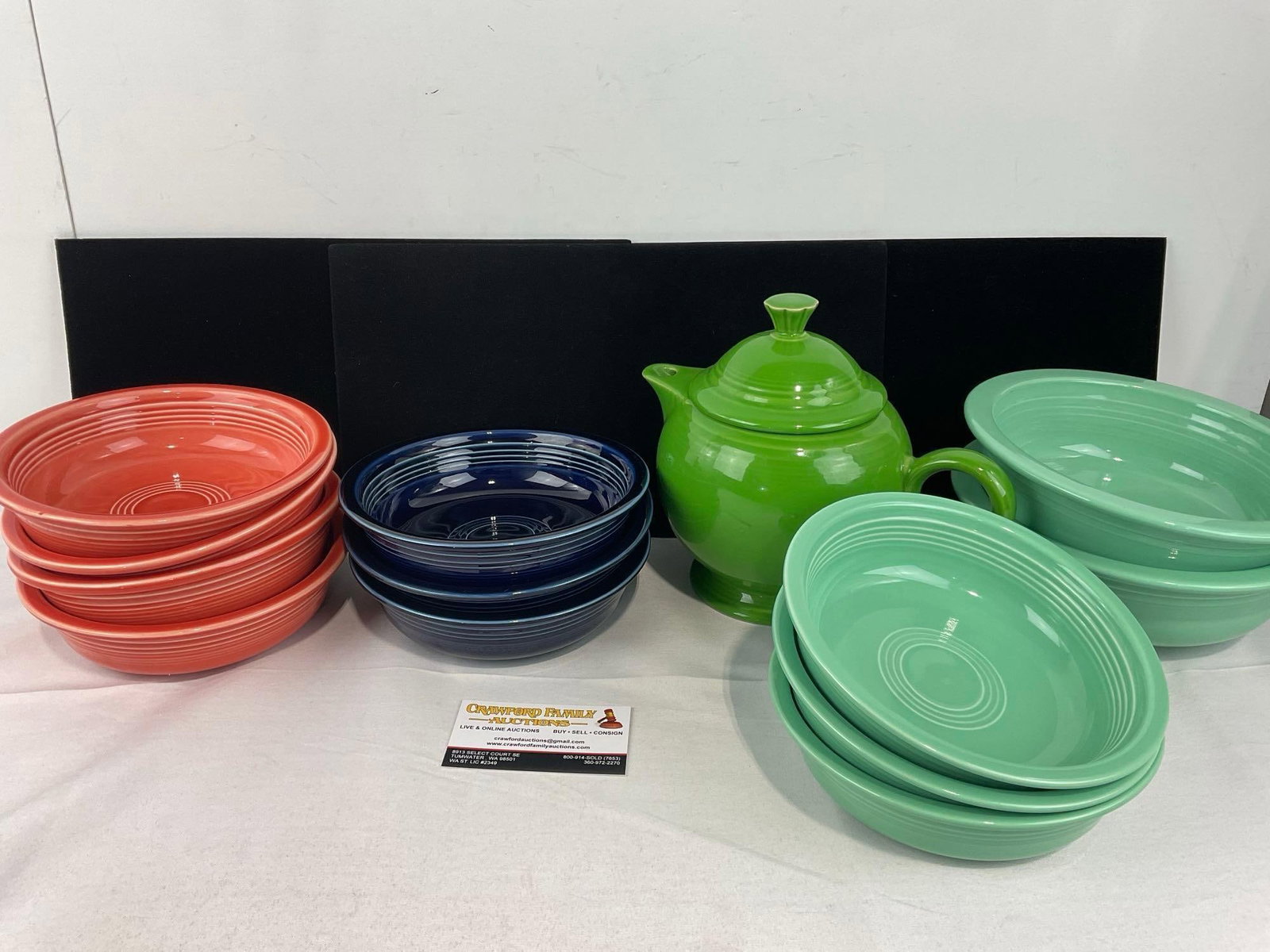 Fiestaware China, 4 Salmon Pink Bowls, 3 Cobalt Bowls, 1 Green Teapot, 3 Bowls & 2 Larger Bowls... (1 of 6)