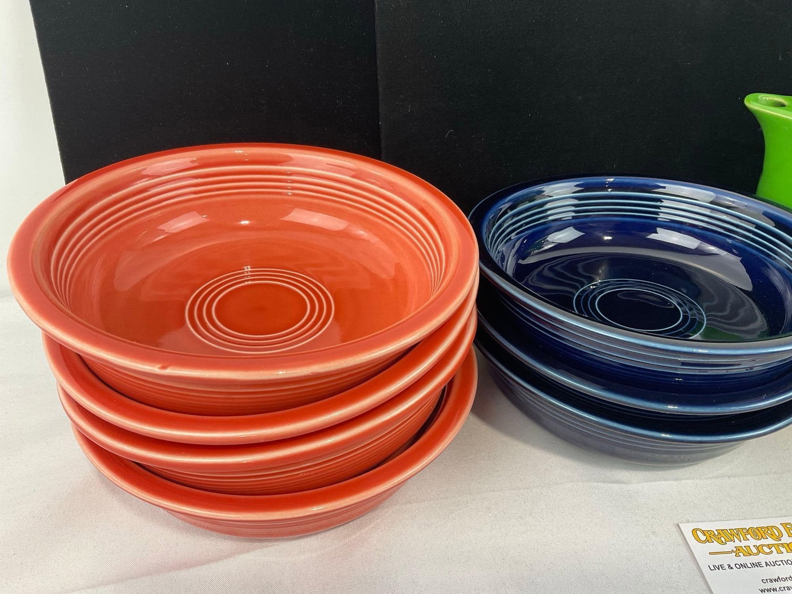 Fiestaware China, 4 Salmon Pink Bowls, 3 Cobalt Bowls, 1 Green Teapot, 3 Bowls & 2 Larger Bowls... - 2