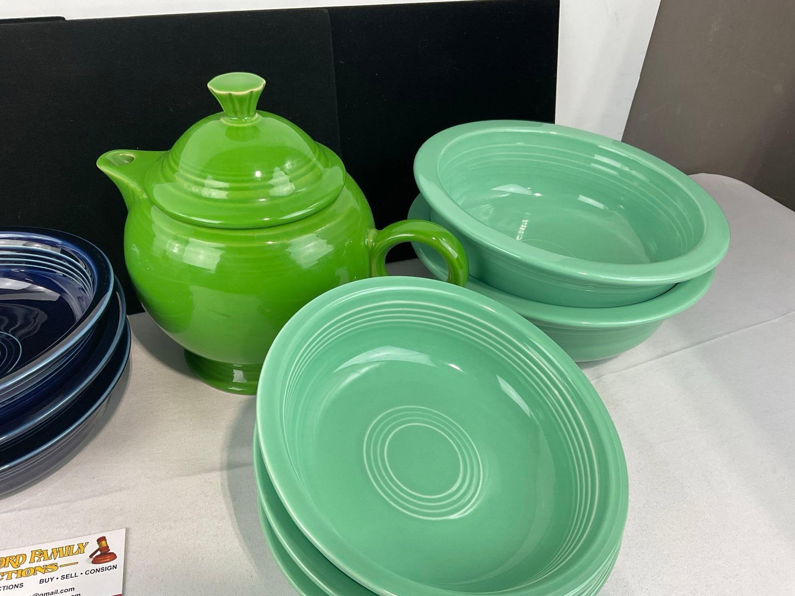 Fiestaware China, 4 Salmon Pink Bowls, 3 Cobalt Bowls, 1 Green Teapot, 3 Bowls & 2 Larger Bowls... - 3