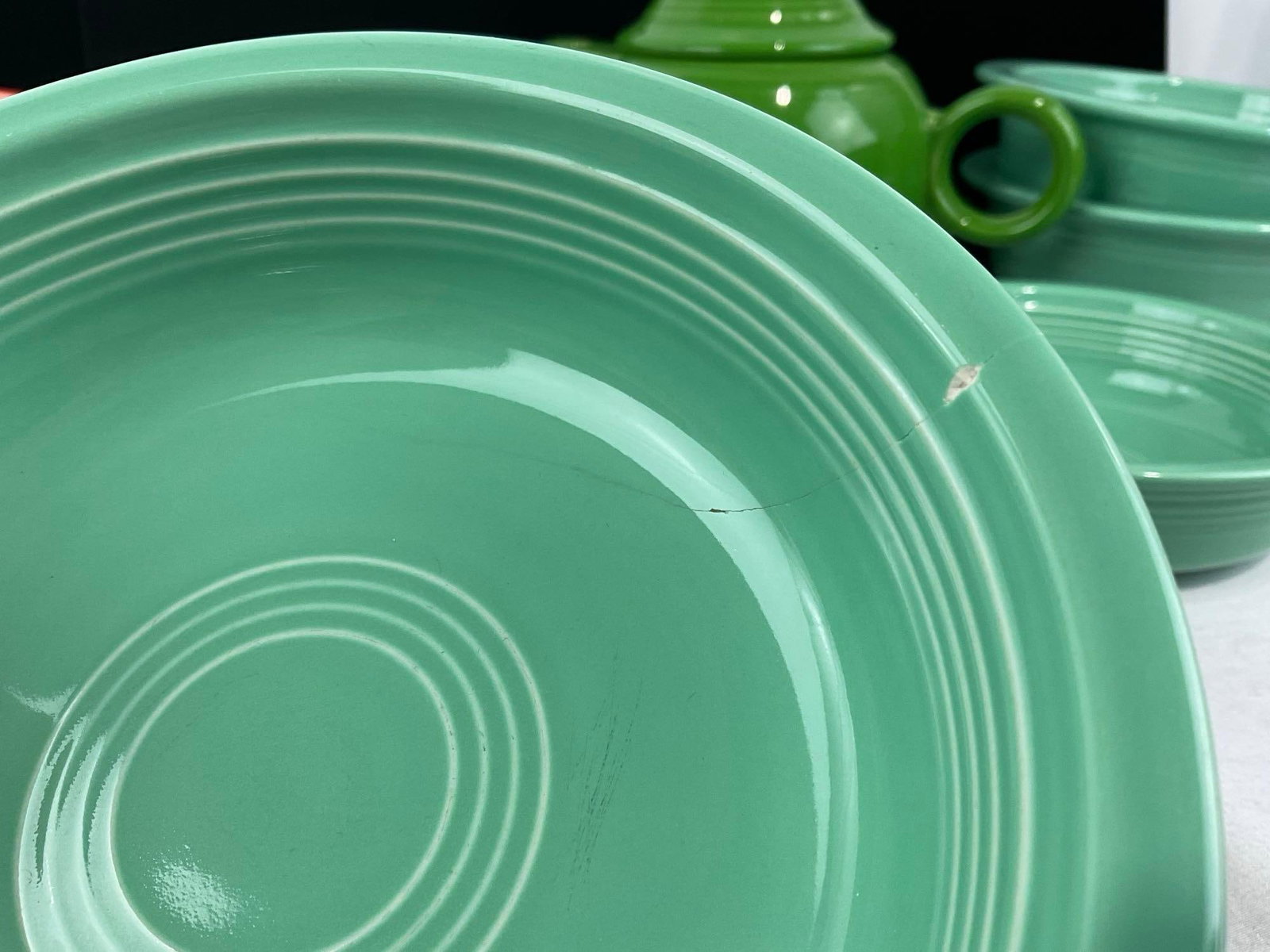 Fiestaware China, 4 Salmon Pink Bowls, 3 Cobalt Bowls, 1 Green Teapot, 3 Bowls & 2 Larger Bowls... - 4