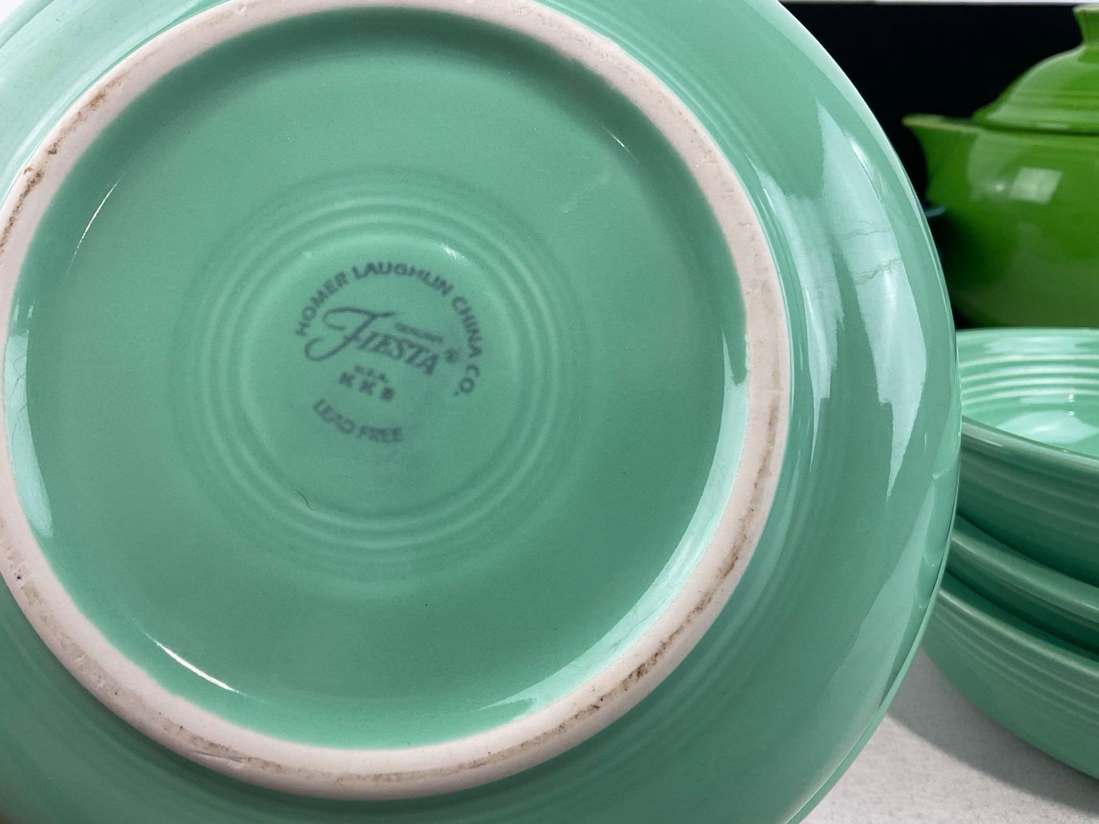 Fiestaware China, 4 Salmon Pink Bowls, 3 Cobalt Bowls, 1 Green Teapot, 3 Bowls & 2 Larger Bowls... - 6