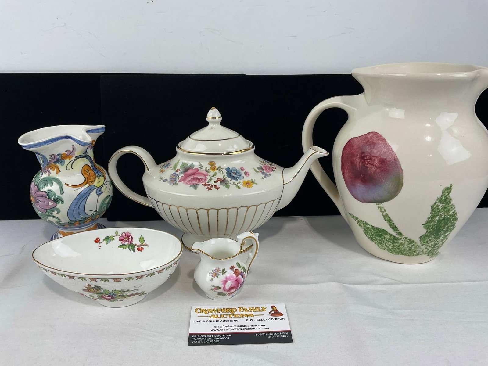 Staffordshire China, Arthur Wood & Son Teapot, Bowl Pagoda pattern & 1985 Hartstone Pitcher: See pics for condition. Measures approx 10h x 12w x 12d inches. E-6620
