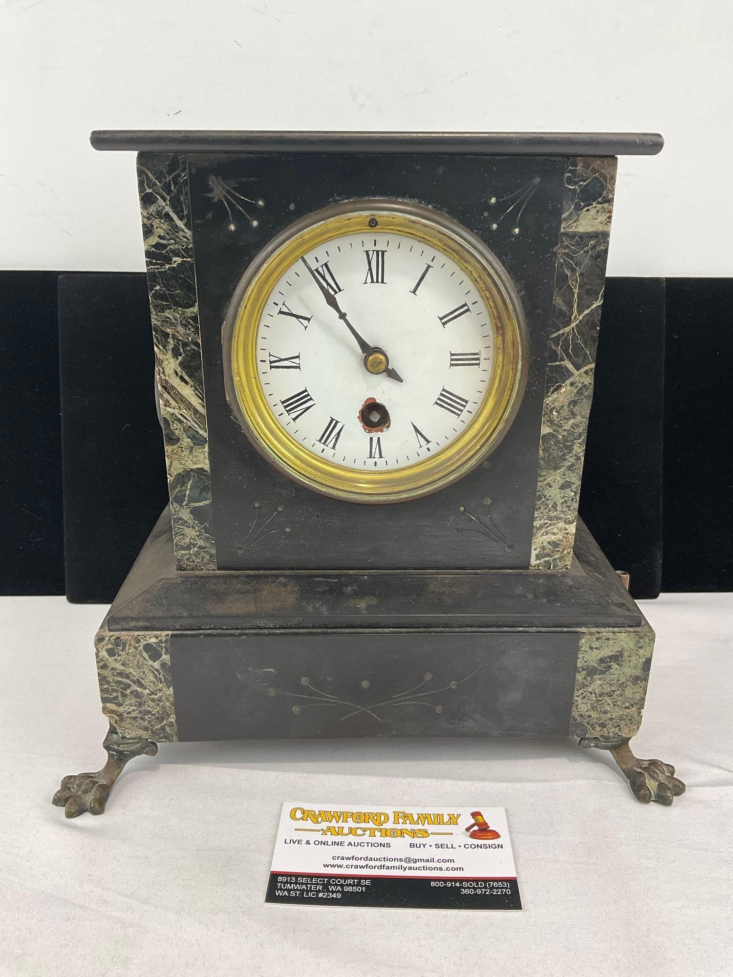 Antique French Black Slate & Marble w/bronze details Mantel Clock, Time adj. w/Key, 11x11x7 in: Missing a top finial. See pics for condition. Measures approx 11h x 11w x 7d inches. E-6520