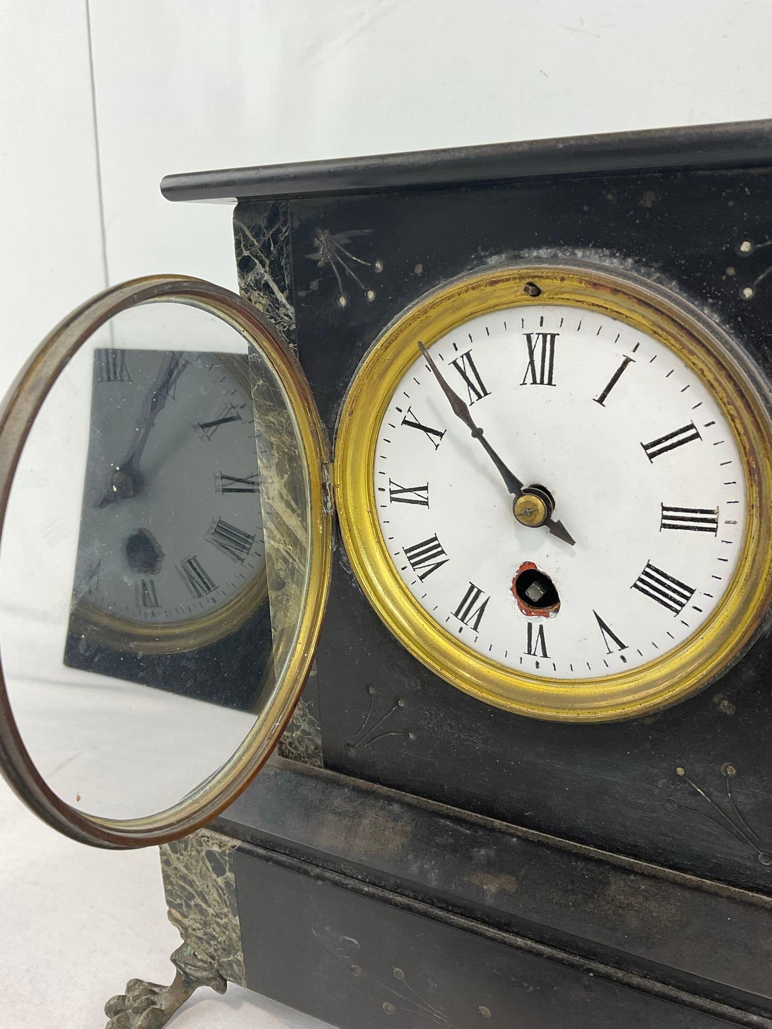 Antique French Black Slate & Marble w/bronze details Mantel Clock, Time adj. w/Key, 11x11x7 in - 2