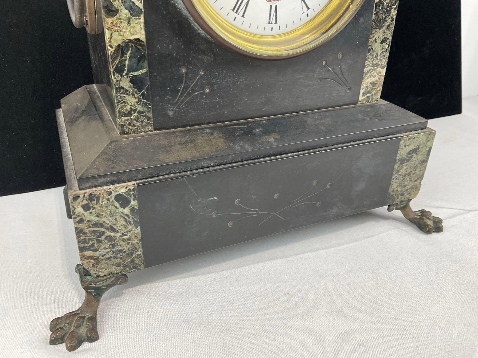 Antique French Black Slate & Marble w/bronze details Mantel Clock, Time adj. w/Key, 11x11x7 in - 3