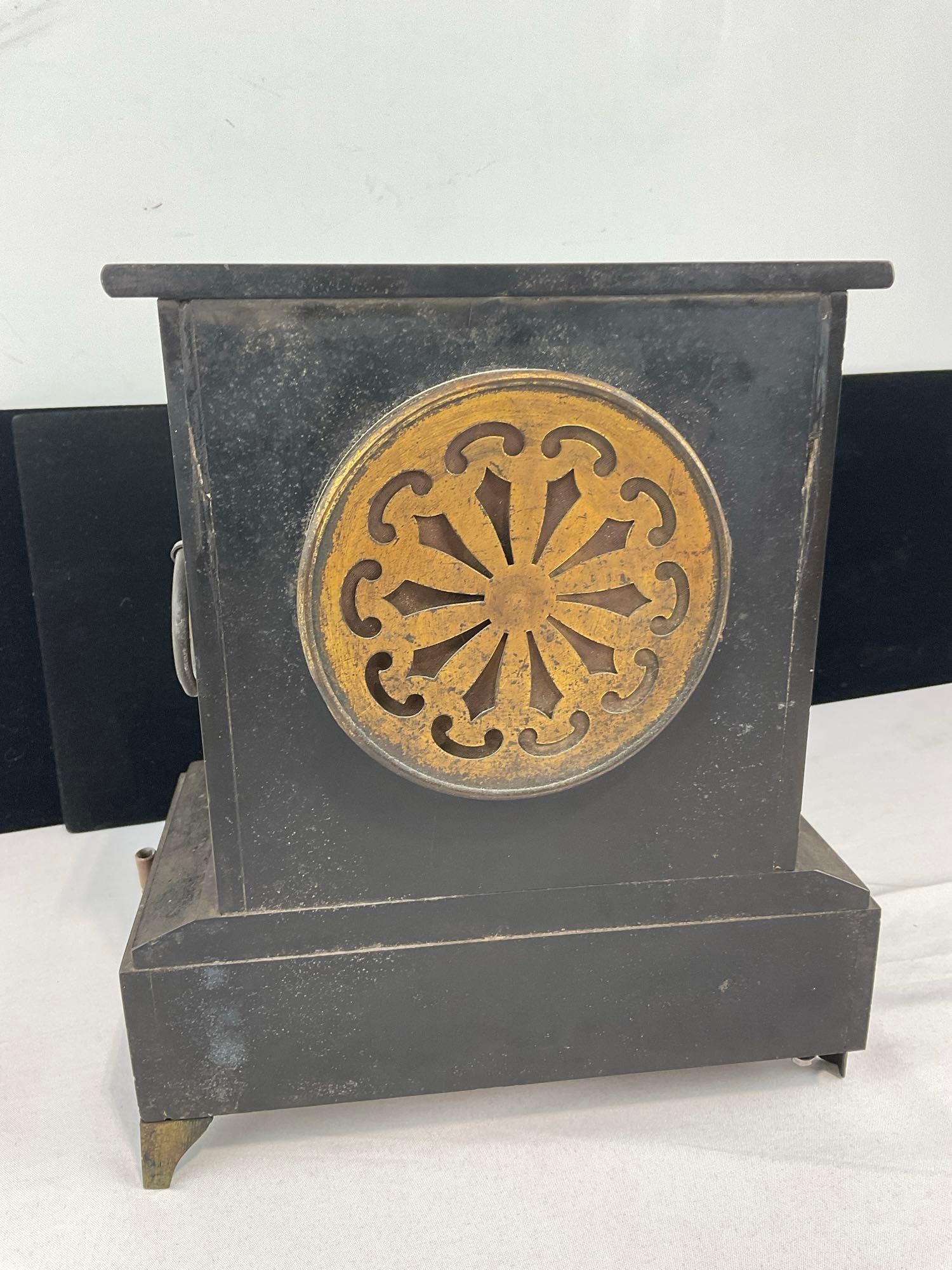 Antique French Black Slate & Marble w/bronze details Mantel Clock, Time adj. w/Key, 11x11x7 in - 4