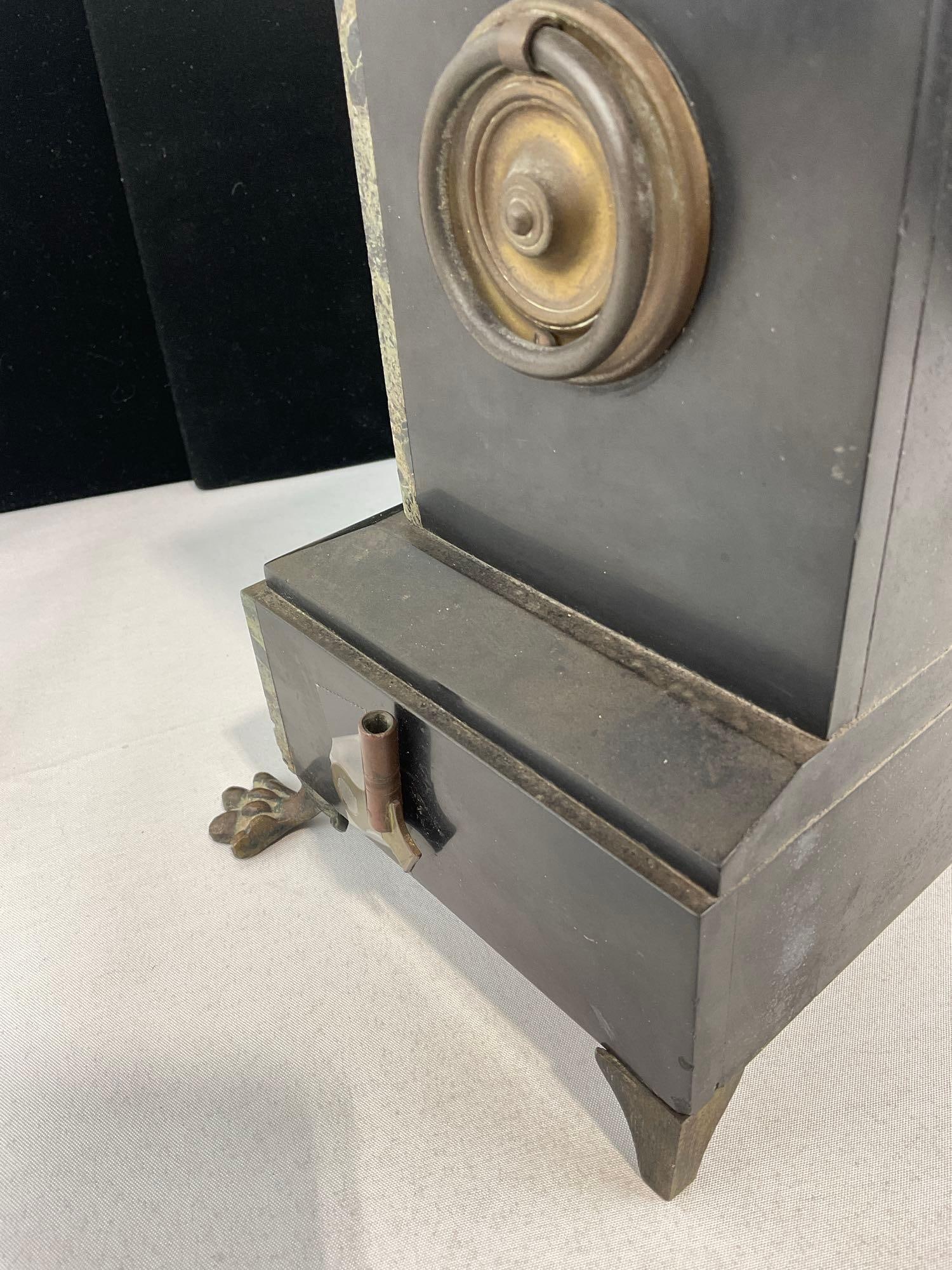 Antique French Black Slate & Marble w/bronze details Mantel Clock, Time adj. w/Key, 11x11x7 in - 5