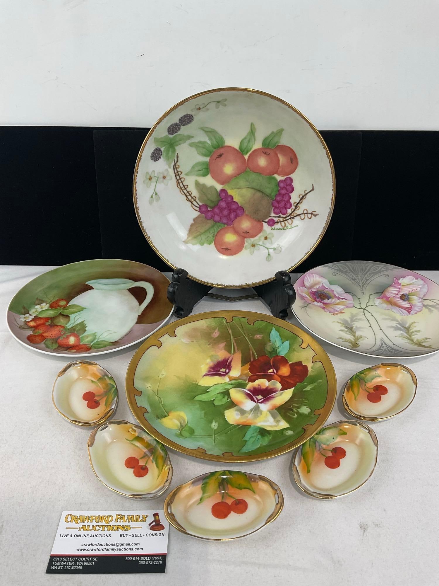4 Early 20th Century Handpainted Plates, 5 Cherry pattern Spoon Rests, PSAG, Stouffer? & more: Main plate is signed Florence Palmer. See pics for condition. Measures approx 5h x 10w x 10d inches. E-6620