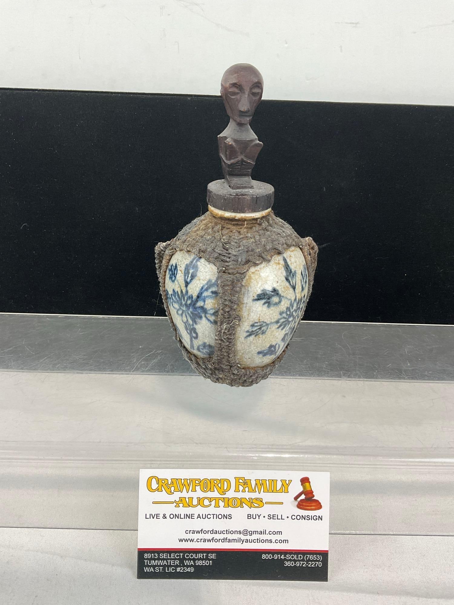 Antique Blue & White Porcelain Bottle, Macreme Holder w/carved wood stopper: Possibly Chinese Snuff Bottle? See pics for condition. Measures approx 9h x 4w x 4d inches. E-6520