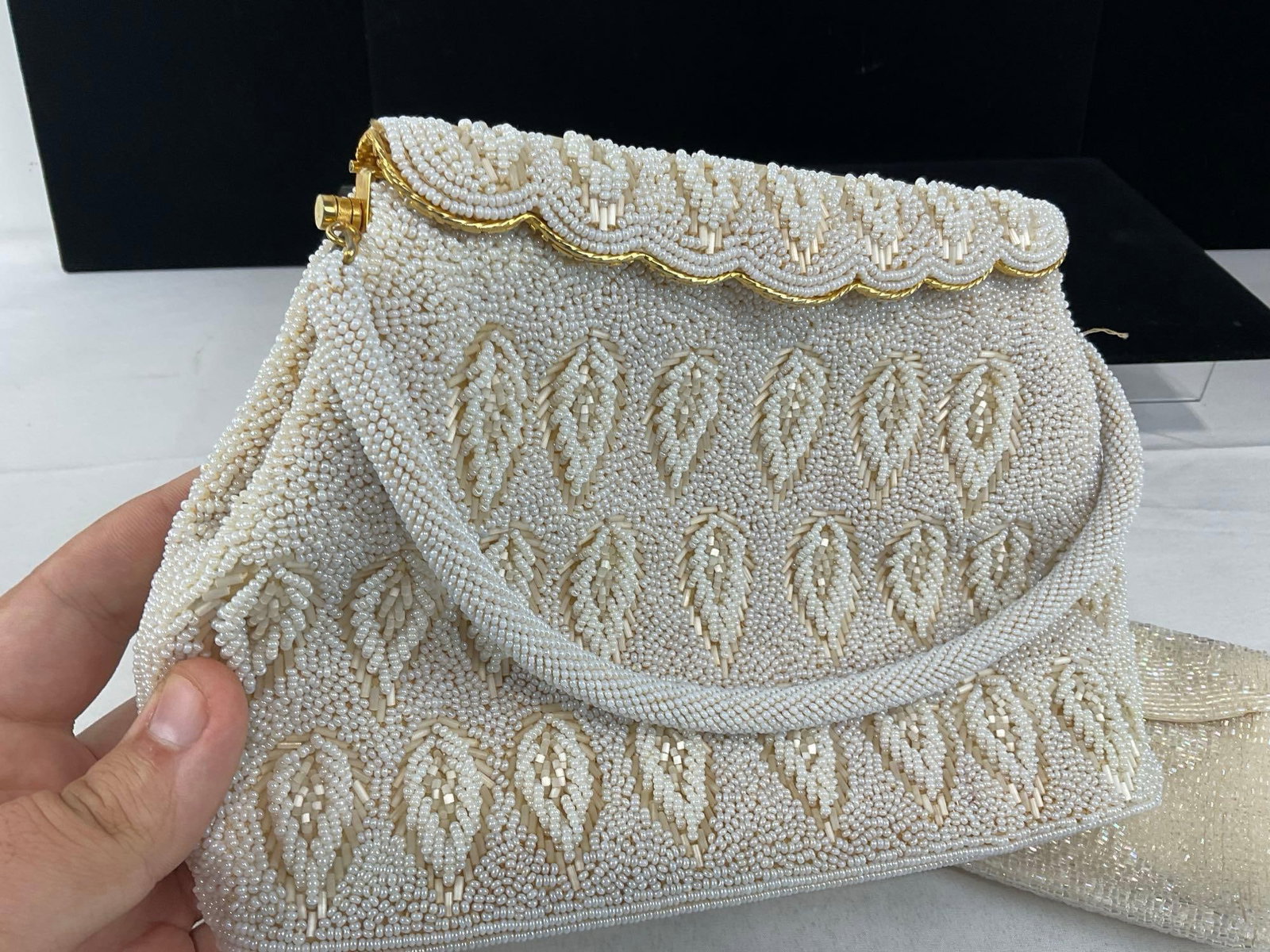 Nicely Beaded Handbag, White on White, w/Brass furniture, w/coinpurse inside, made in Hong Kong - 2