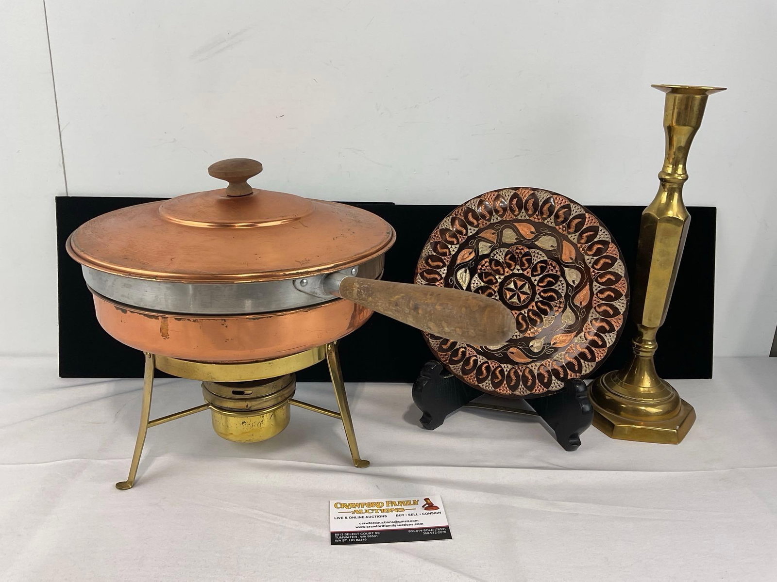 Vintage Copper & Brass Chafing Dish, Engraved Copper Plate & Brass Candleholder: Some tarnishing and discoloration on the chafing dish. See pics for condition. Measures approx 11h x 11w x 10d inches. E-6620