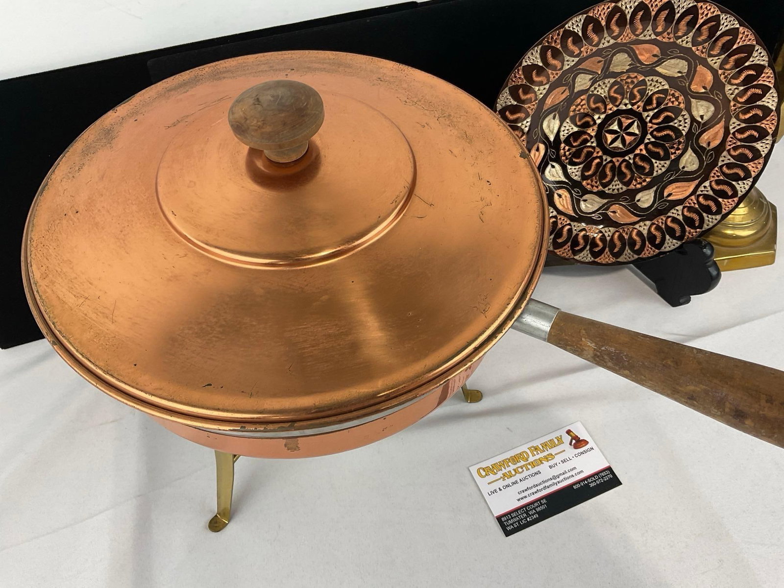 Vintage Copper & Brass Chafing Dish, Engraved Copper Plate & Brass Candleholder - 2
