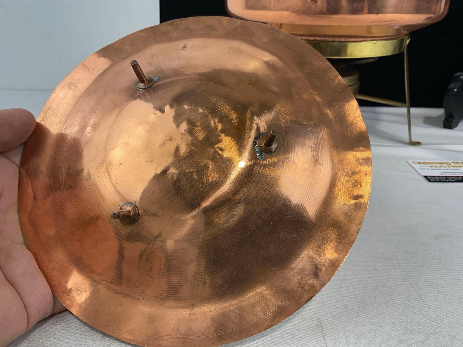 Vintage Copper & Brass Chafing Dish, Engraved Copper Plate & Brass Candleholder - 5