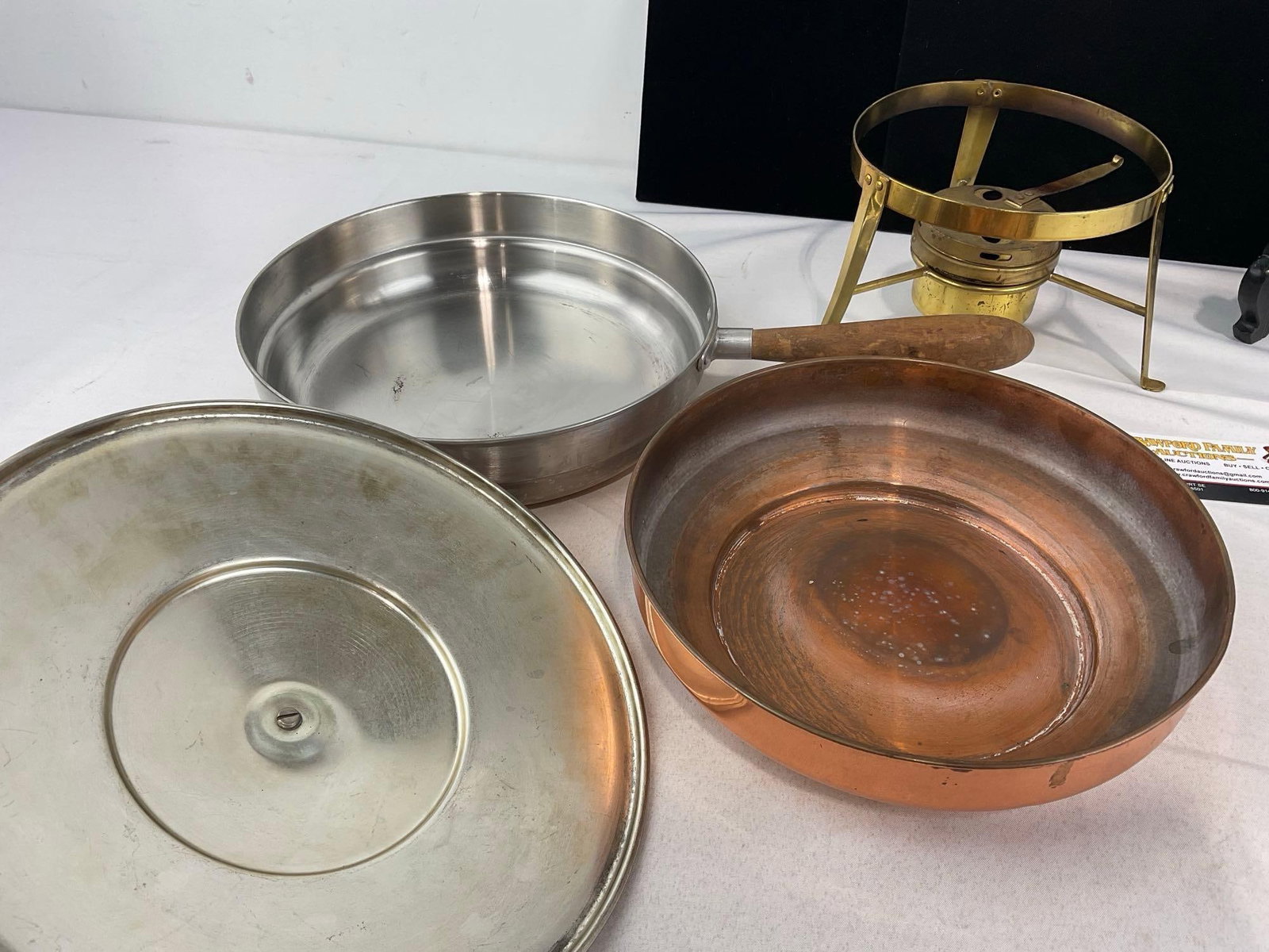 Vintage Copper & Brass Chafing Dish, Engraved Copper Plate & Brass Candleholder - 7