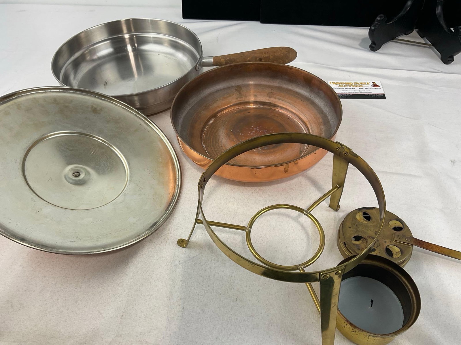 Vintage Copper & Brass Chafing Dish, Engraved Copper Plate & Brass Candleholder - 8