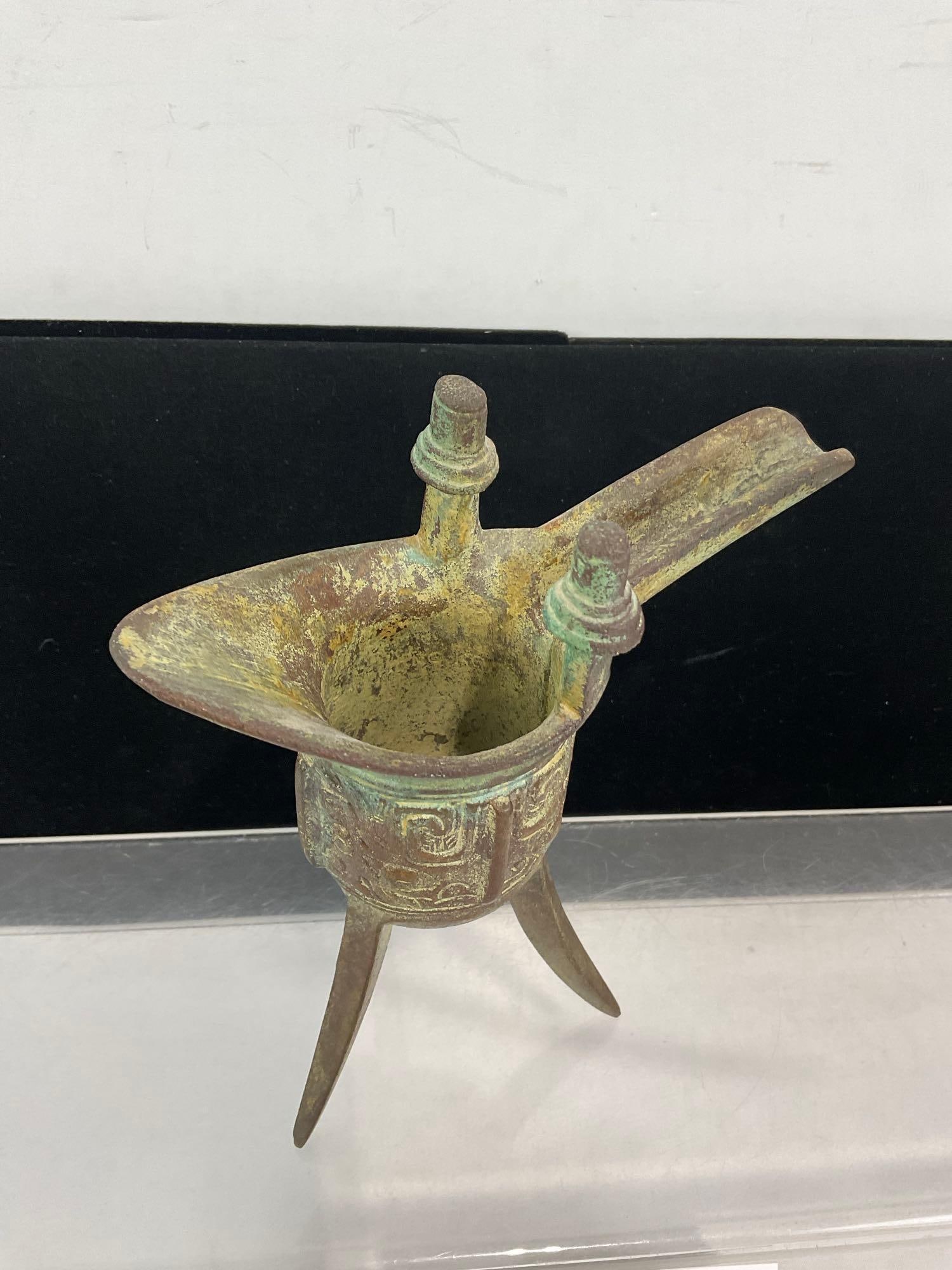 Antique Cast Bronze Chinese Vessel, Ritual Wine Cup called a Jue, tripod feet - 2