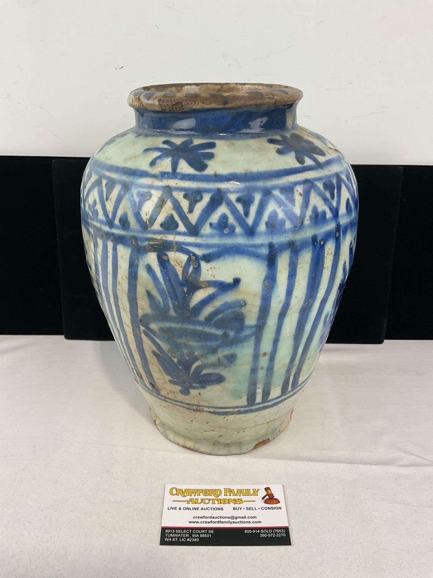 Antique Persian Handglazed Blue & White Vase, 12x8x8 inches, some wear: Some cracking and crazing along the top of the piece. Some chipping along the bottom, missing glaze. See pics for condition. Measures approx 12h x 8w x 8d inches. E-6520