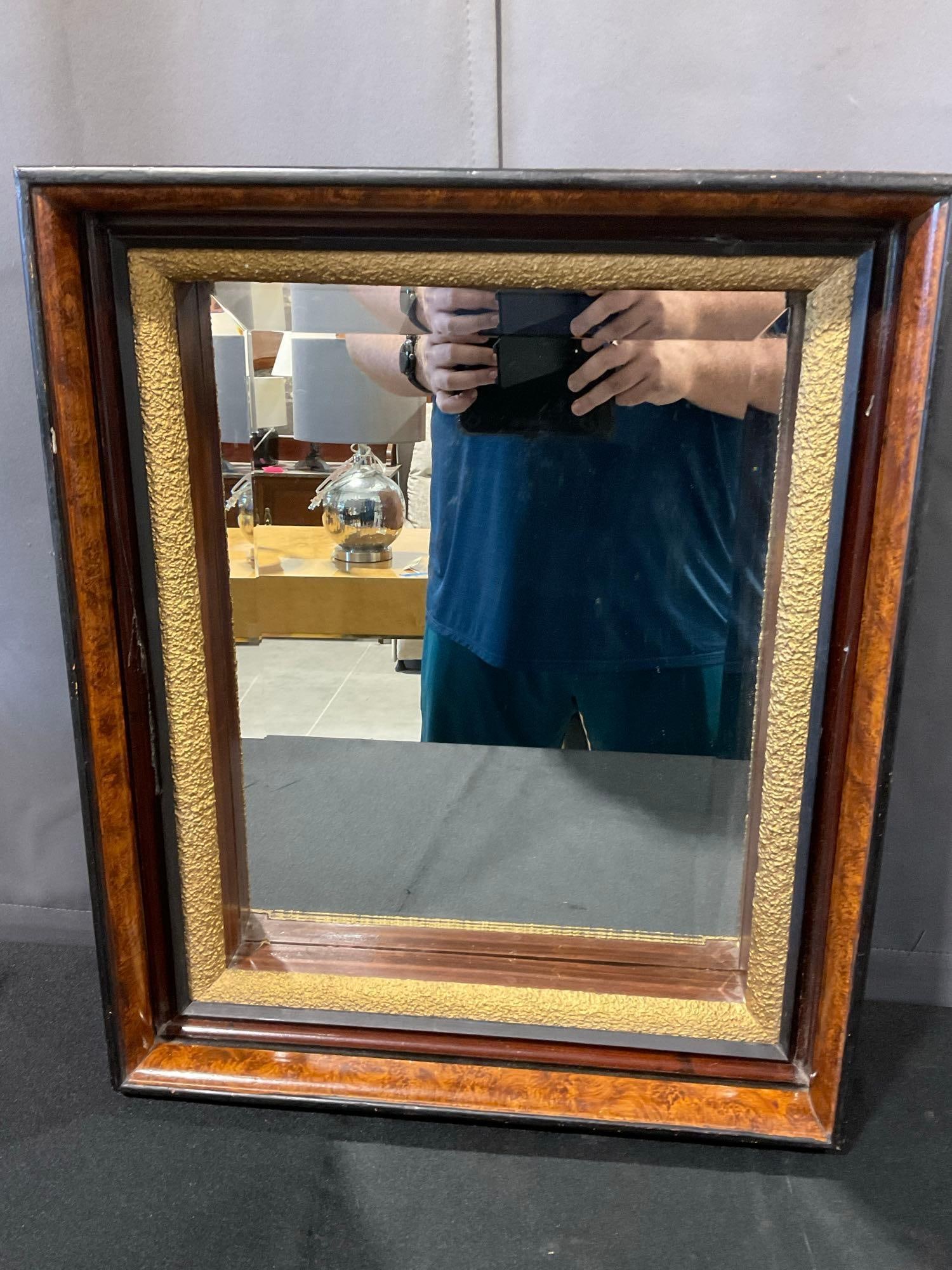 Double Framed Wall Mirror, Burlwood outer piece & Giltwood inner, 23x19 inches: See pics for condition. Measures approx 23h x 19w x 6d inches. E-6520 *Oversized shipping may apply*