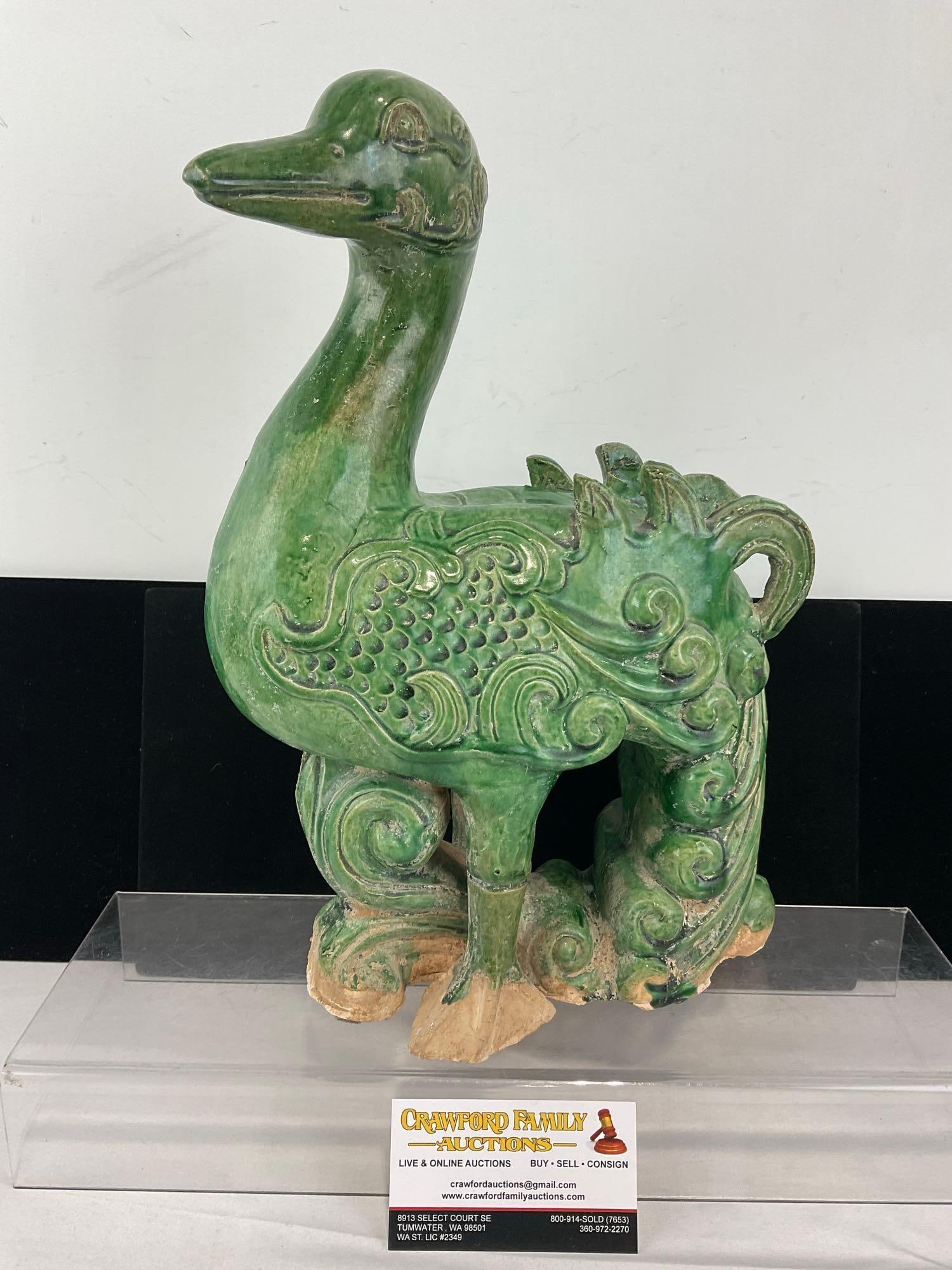Jade Green Glazed Pottery Chinese Phoenix?, Duck w/significant tail, unfinished base: Some wear at the bottom, missing glaze at the bottom, and some roughness. See pics for condition. Measures approx 15h x 11w x 6d inches. E-6520