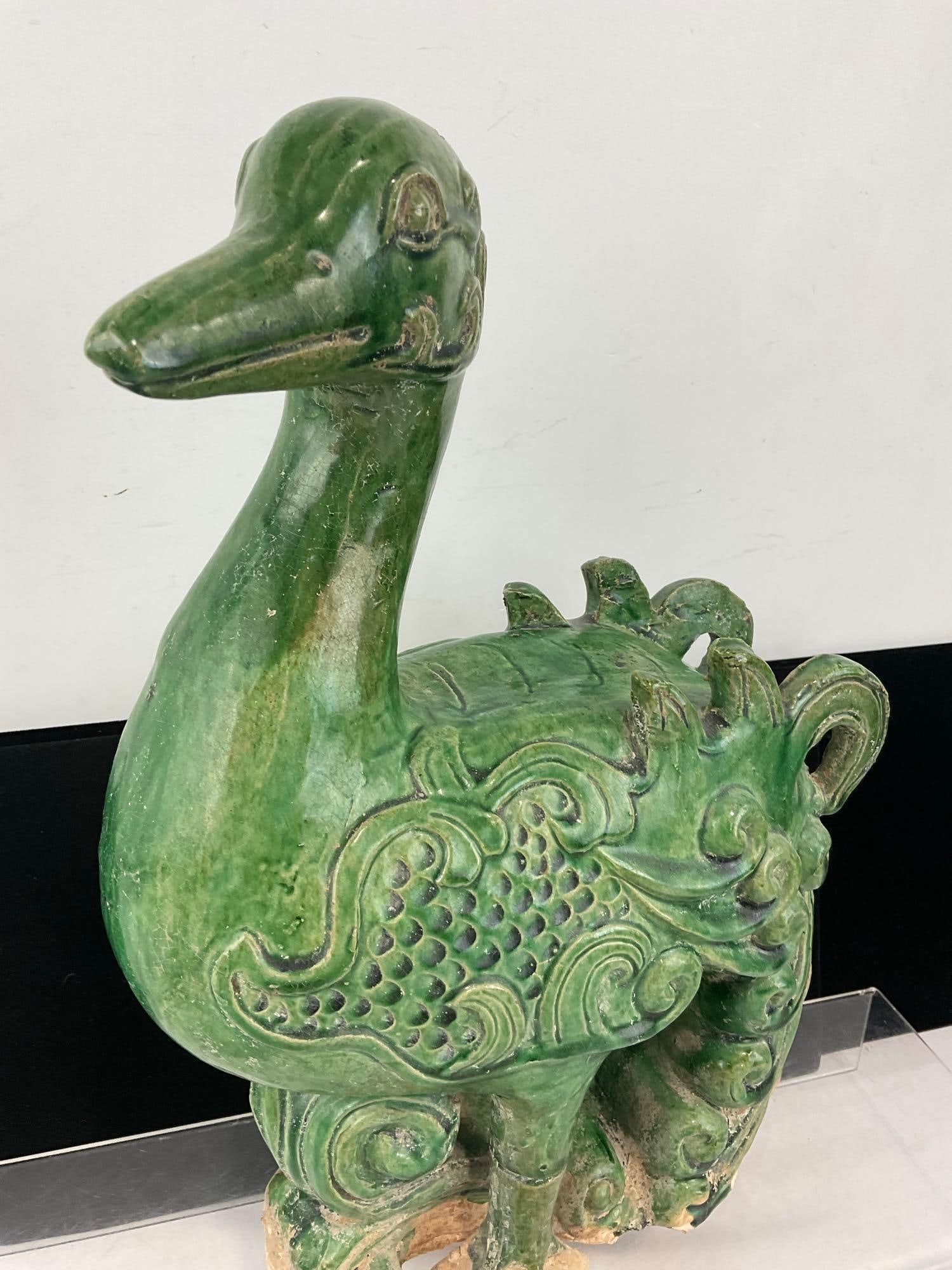 Jade Green Glazed Pottery Chinese Phoenix?, Duck w/significant tail, unfinished base - 2