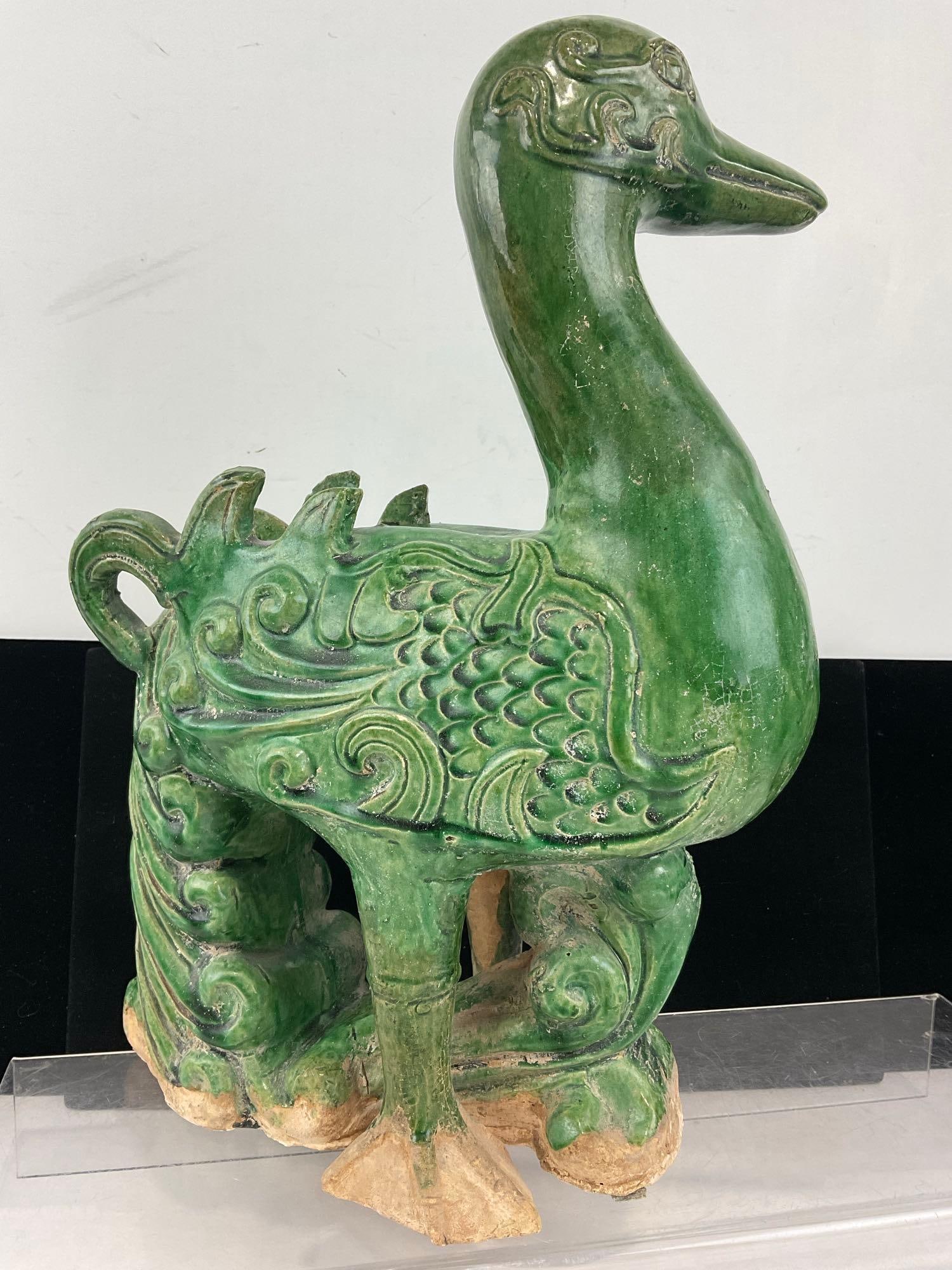 Jade Green Glazed Pottery Chinese Phoenix?, Duck w/significant tail, unfinished base - 4